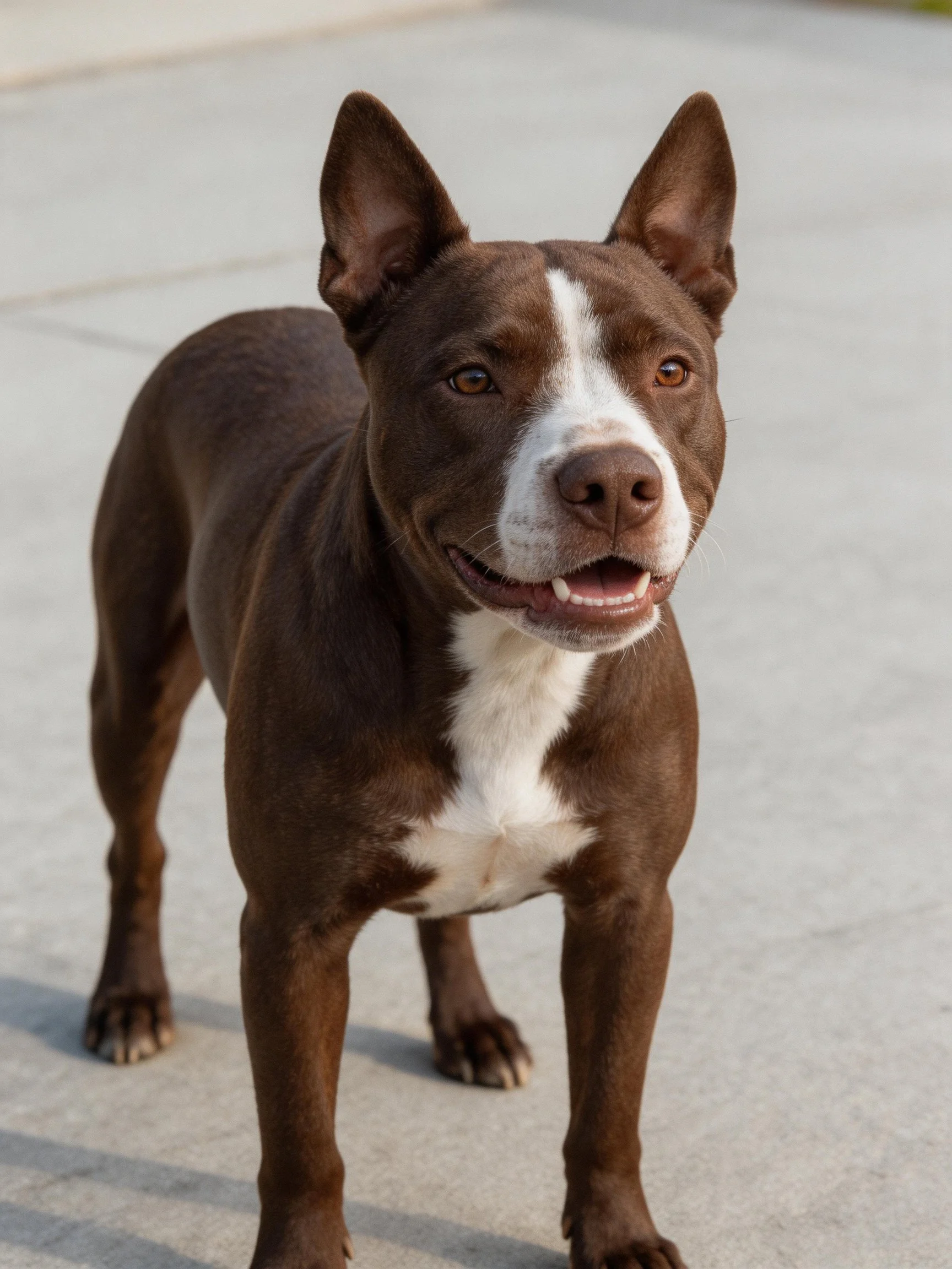 A brown and white muscular dog standing on concrete