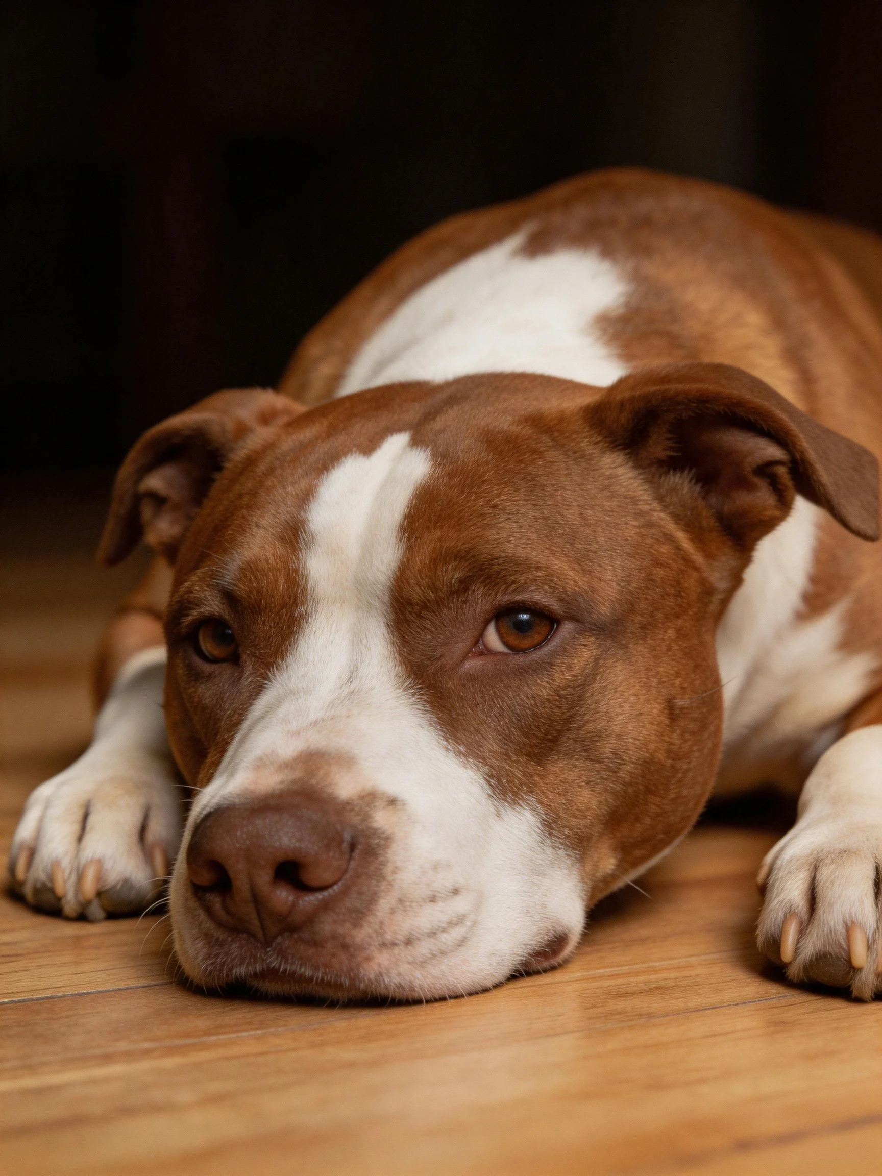 A brown and white pit bull relaxes on a wooden floor