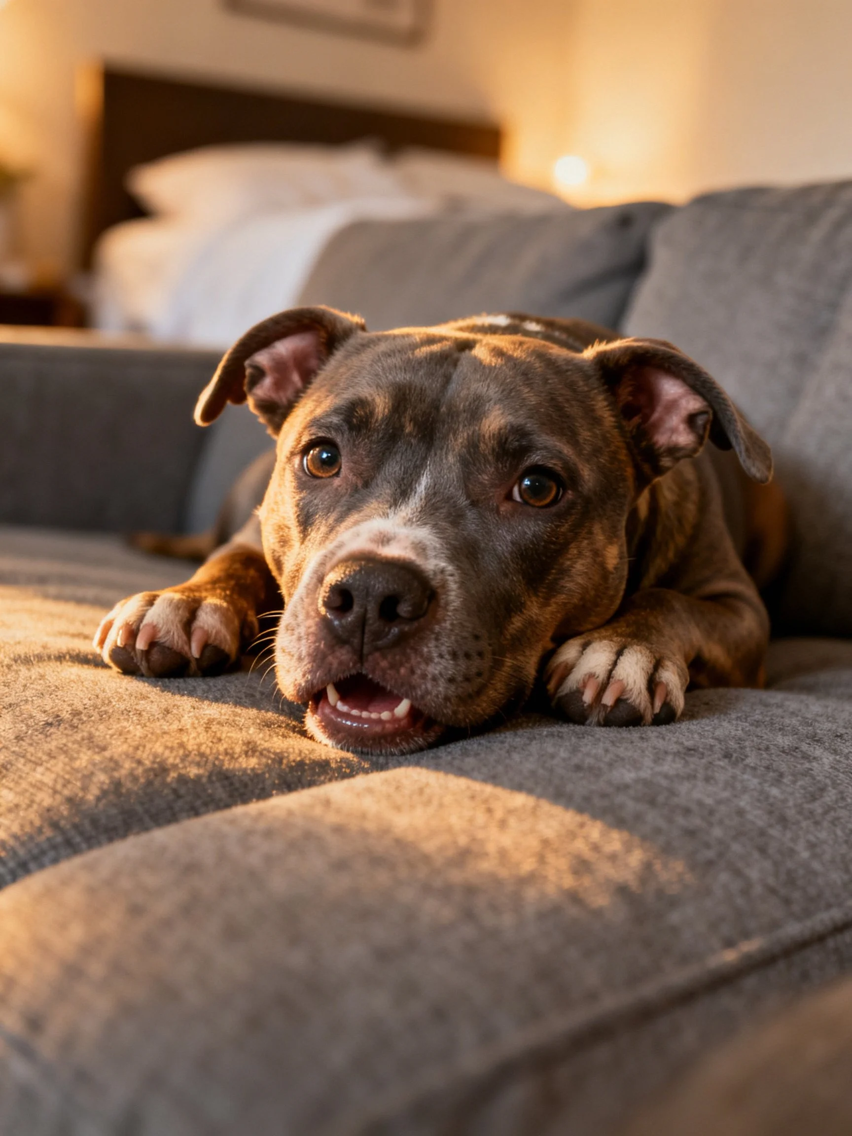 A brown and white pit bull rests on a gray couch in a warmly lit room