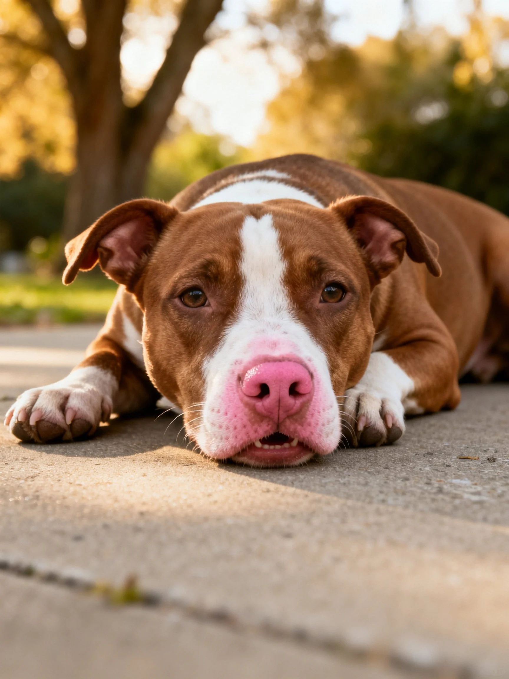 A brown and white pit bull rests on pavement with a pink nose