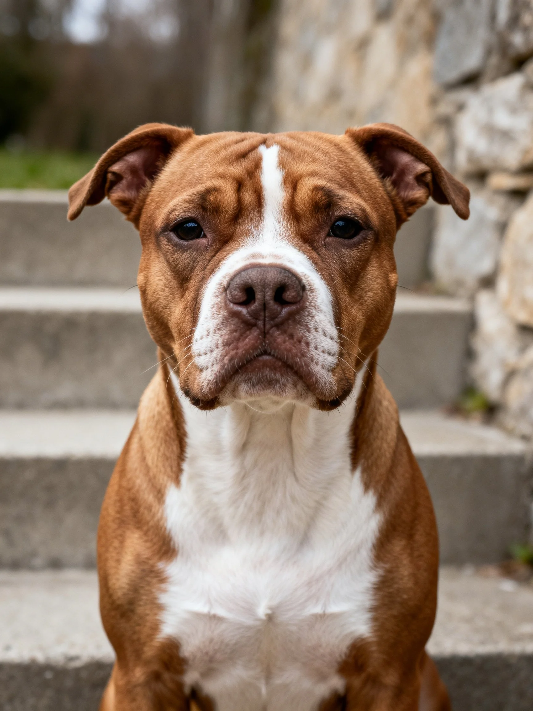 A brown and white pit bull sits on concrete steps near a stone wall