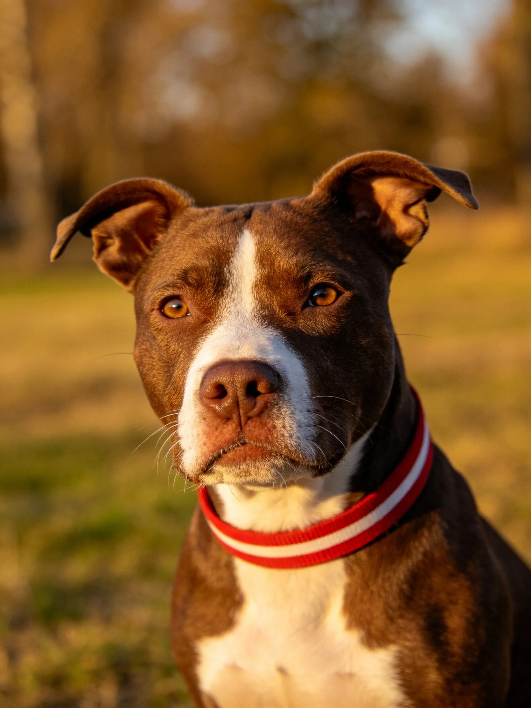A brown and white pit bull with a red striped collar outdoors
