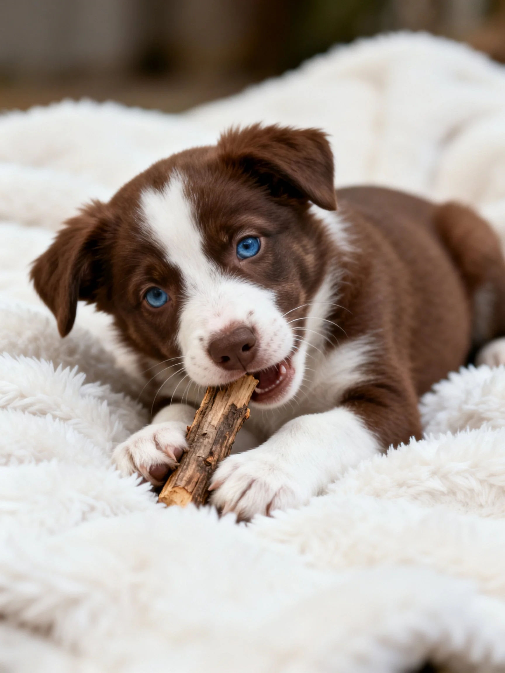 A brown and white puppy chews a wooden stick on a soft blanket