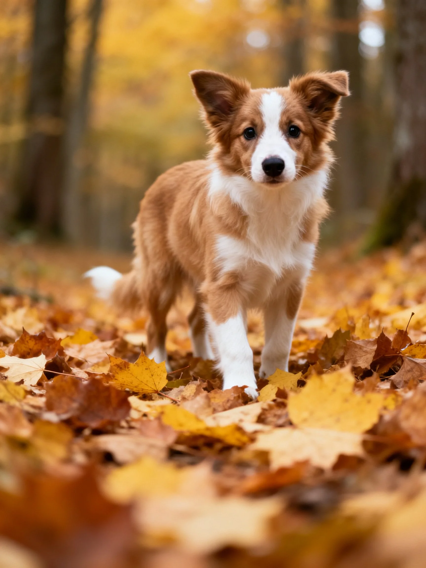 A brown and white puppy exploring golden fallen leaves in an autumn forest