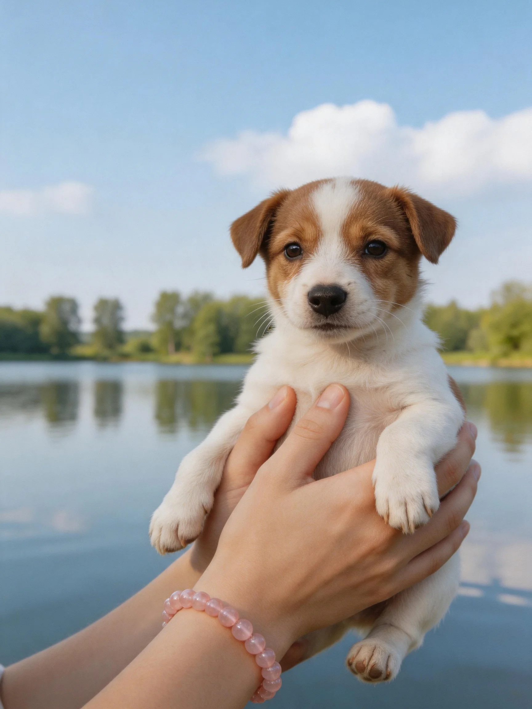 A small brown and white puppy is held by hands beside a calm lake.