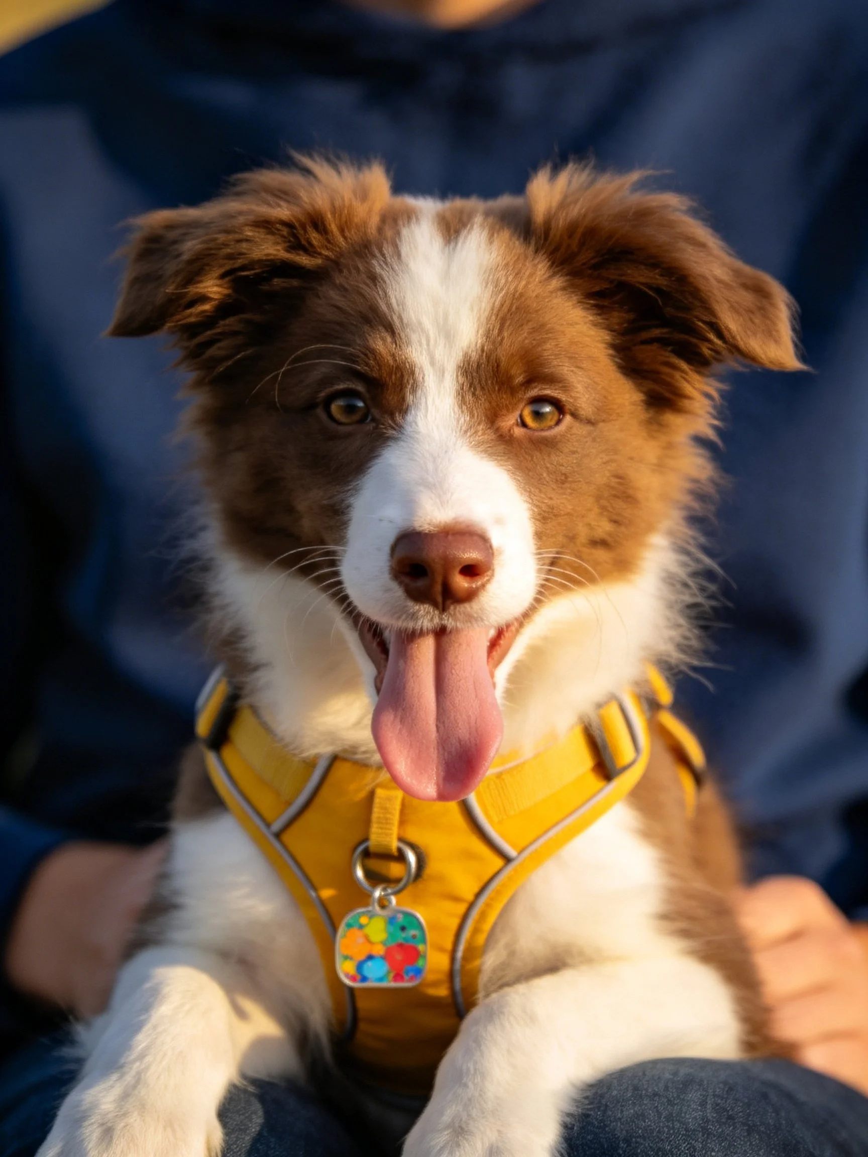 A cheerful brown and white puppy sits in a yellow harness.