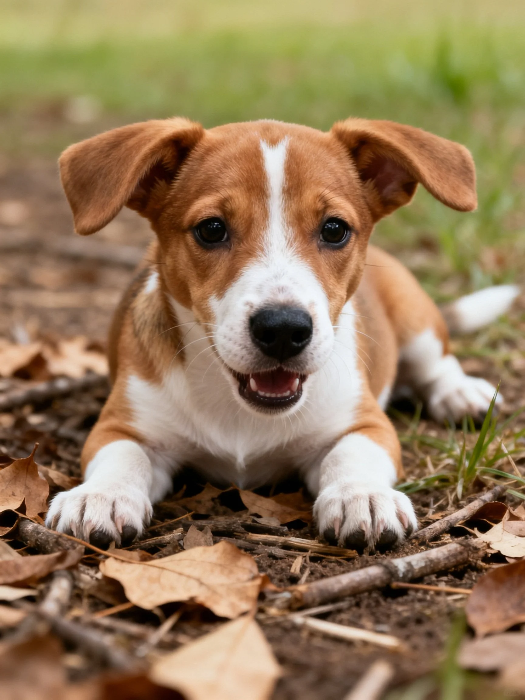 A brown and white puppy relaxes among dry leaves and dirt in an outdoor environment.