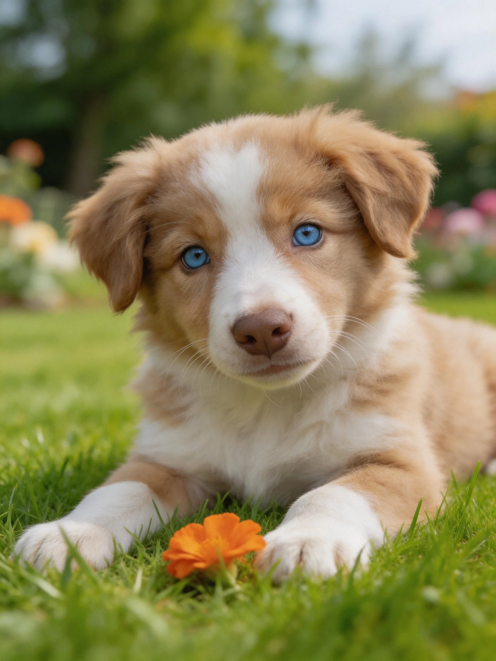 A blue-eyed puppy relaxes on grass beside a bright flower.