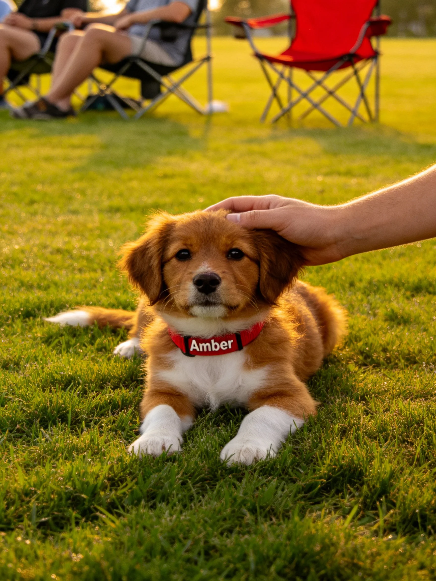 A small dog named Amber relaxes on grass as someone pets her near camping chairs