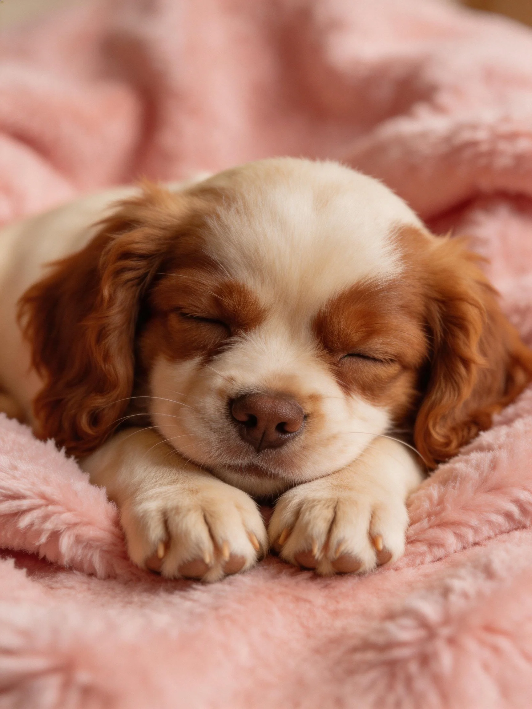 A brown and white puppy sleeps contentedly on a plush pink blanket.