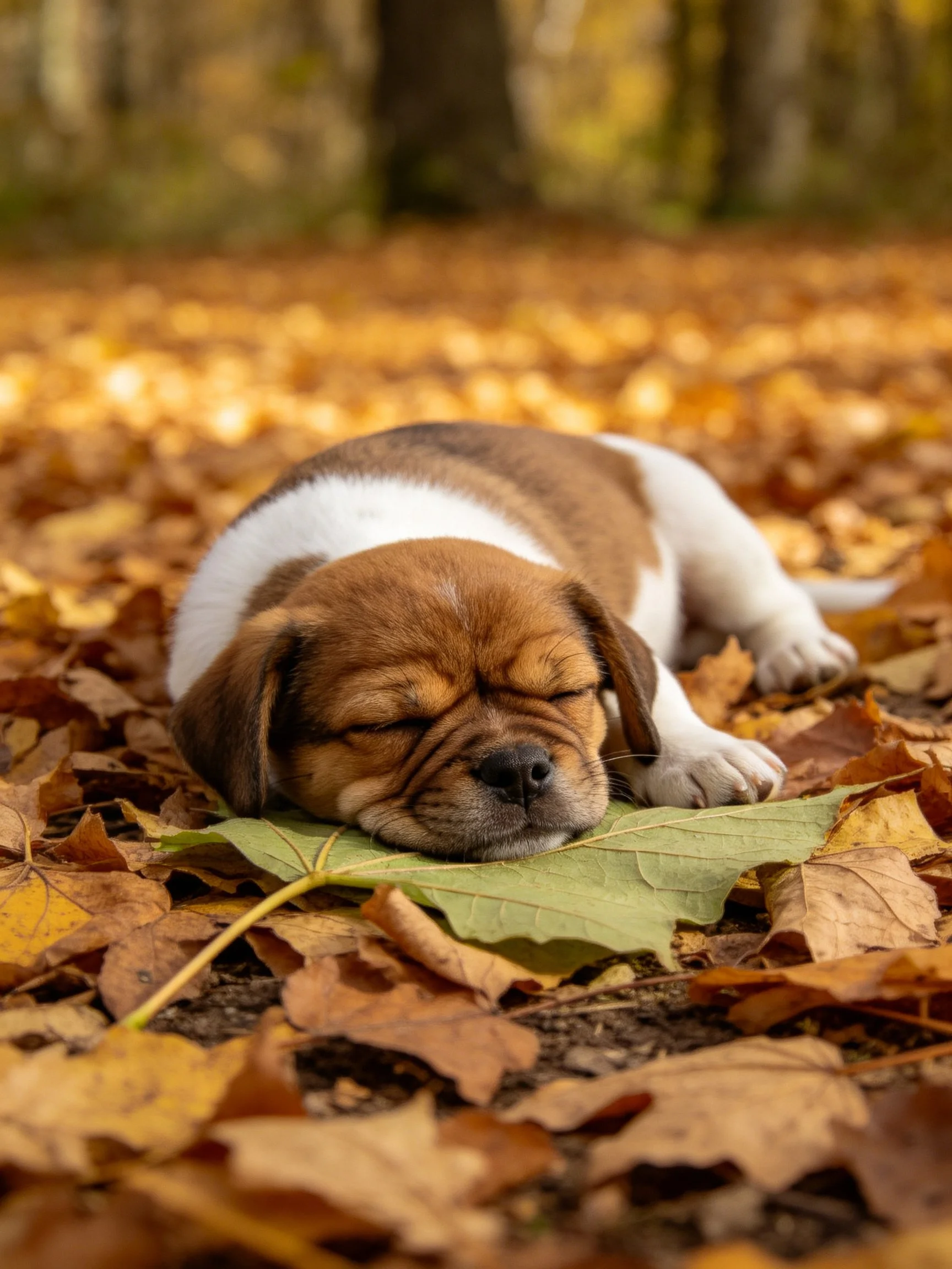 A brown and white puppy naps on golden autumn leaves