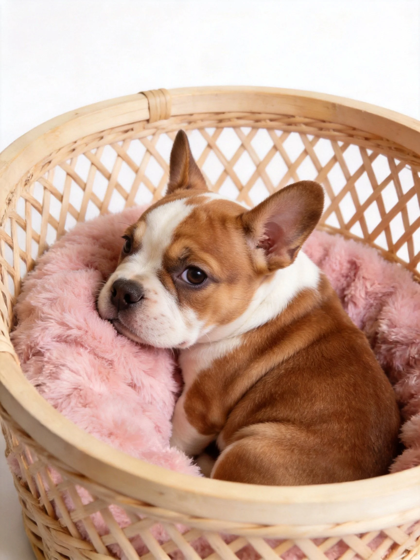 A brown and white puppy relaxes comfortably in a woven basket lined with pink fur