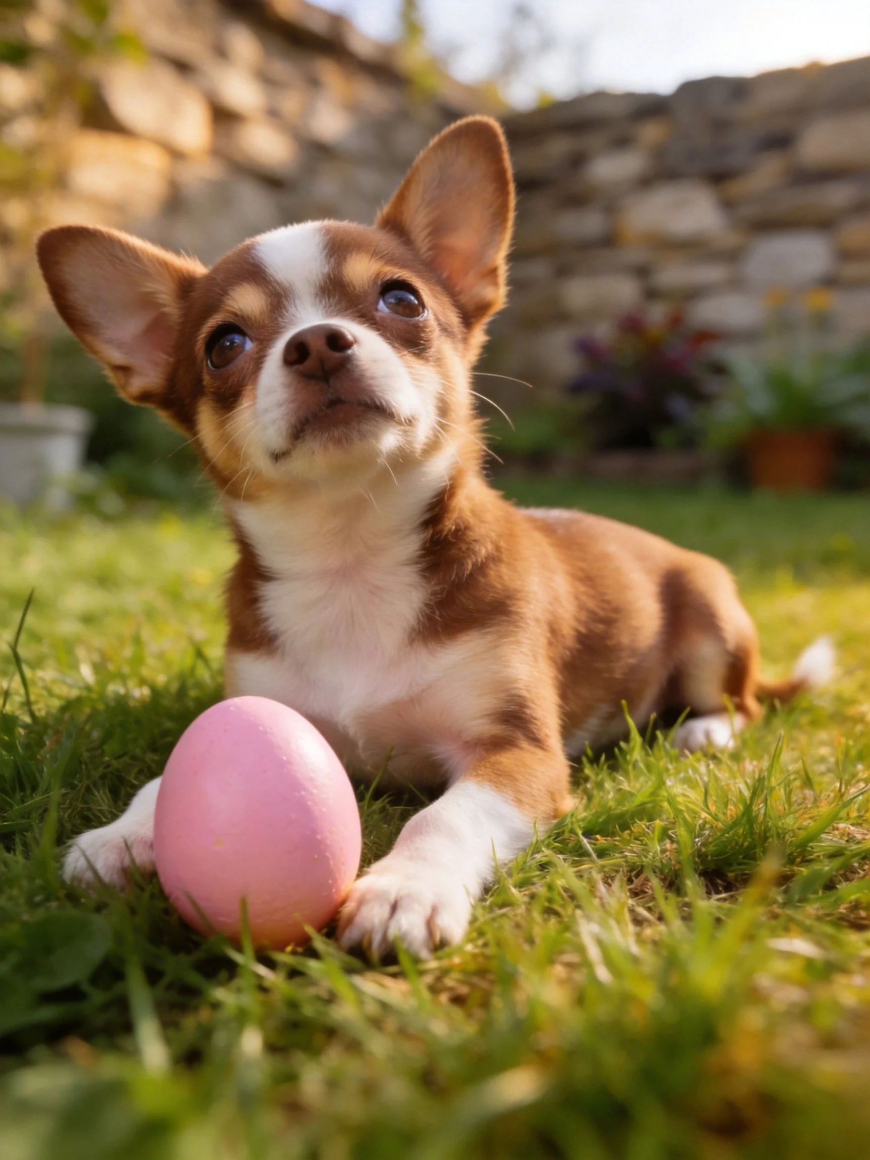 A small brown and white dog rests near a pink egg in