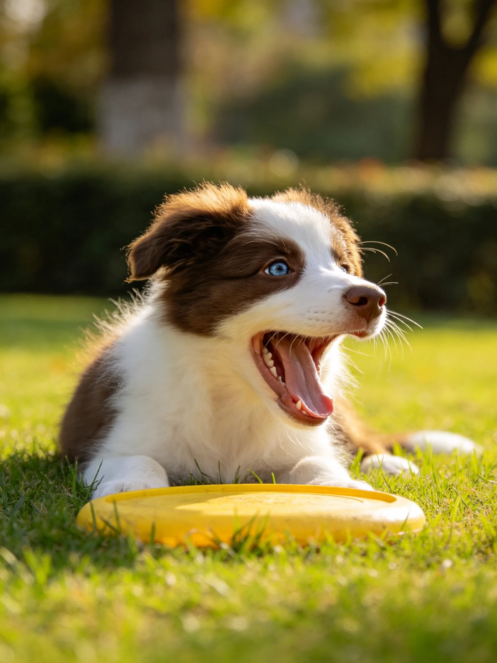 A brown and white puppy lies beside a yellow frisbee in a sunlit grassy area.