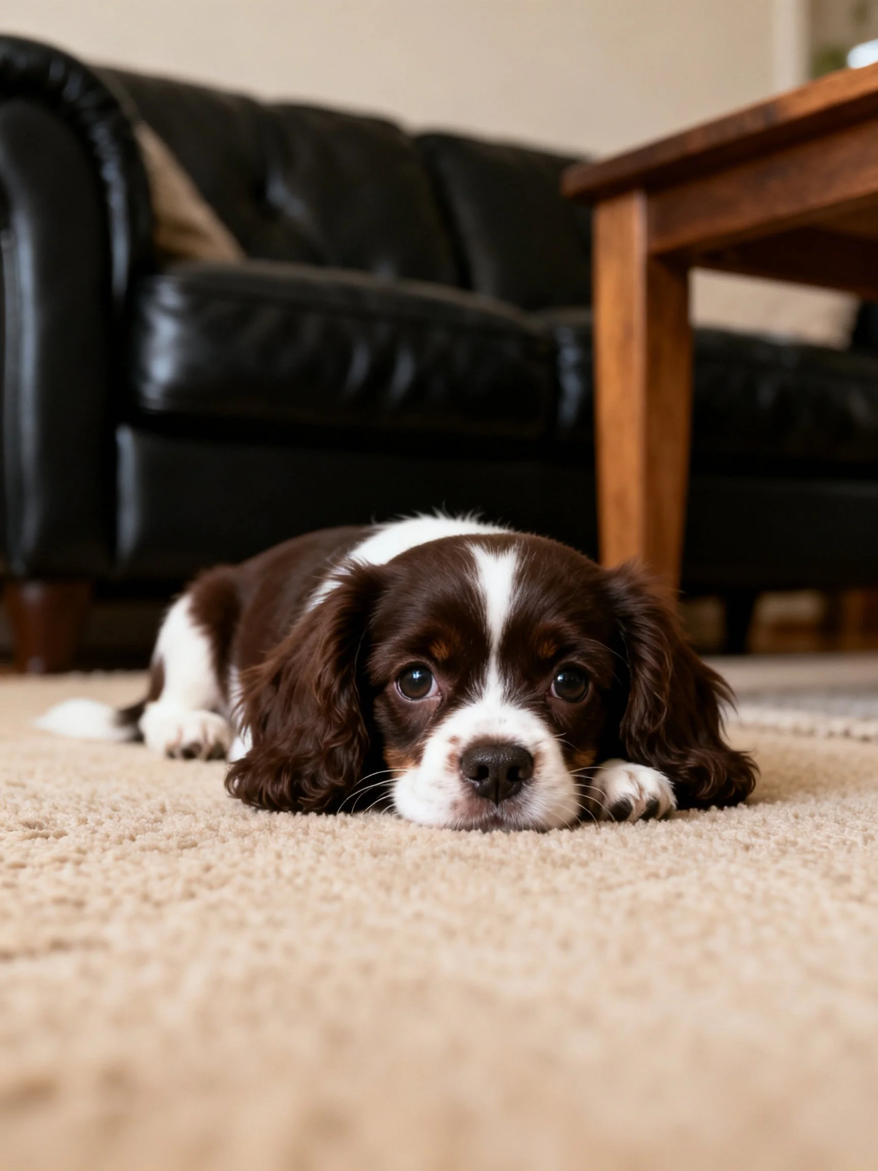 A brown and white puppy lies on a carpet next to a black sofa.