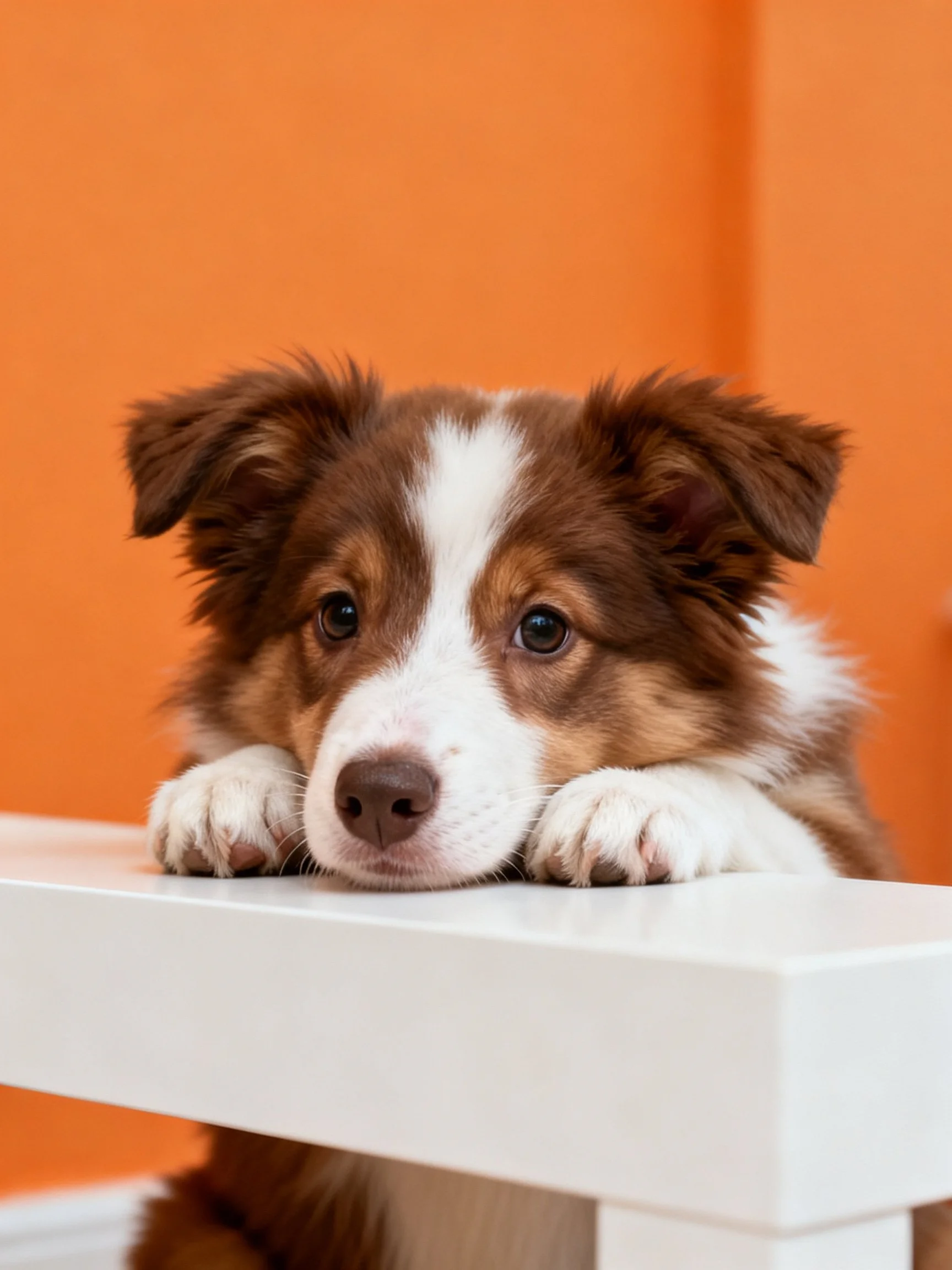 A brown and white puppy leans on a white structure with an orange wall behind it.