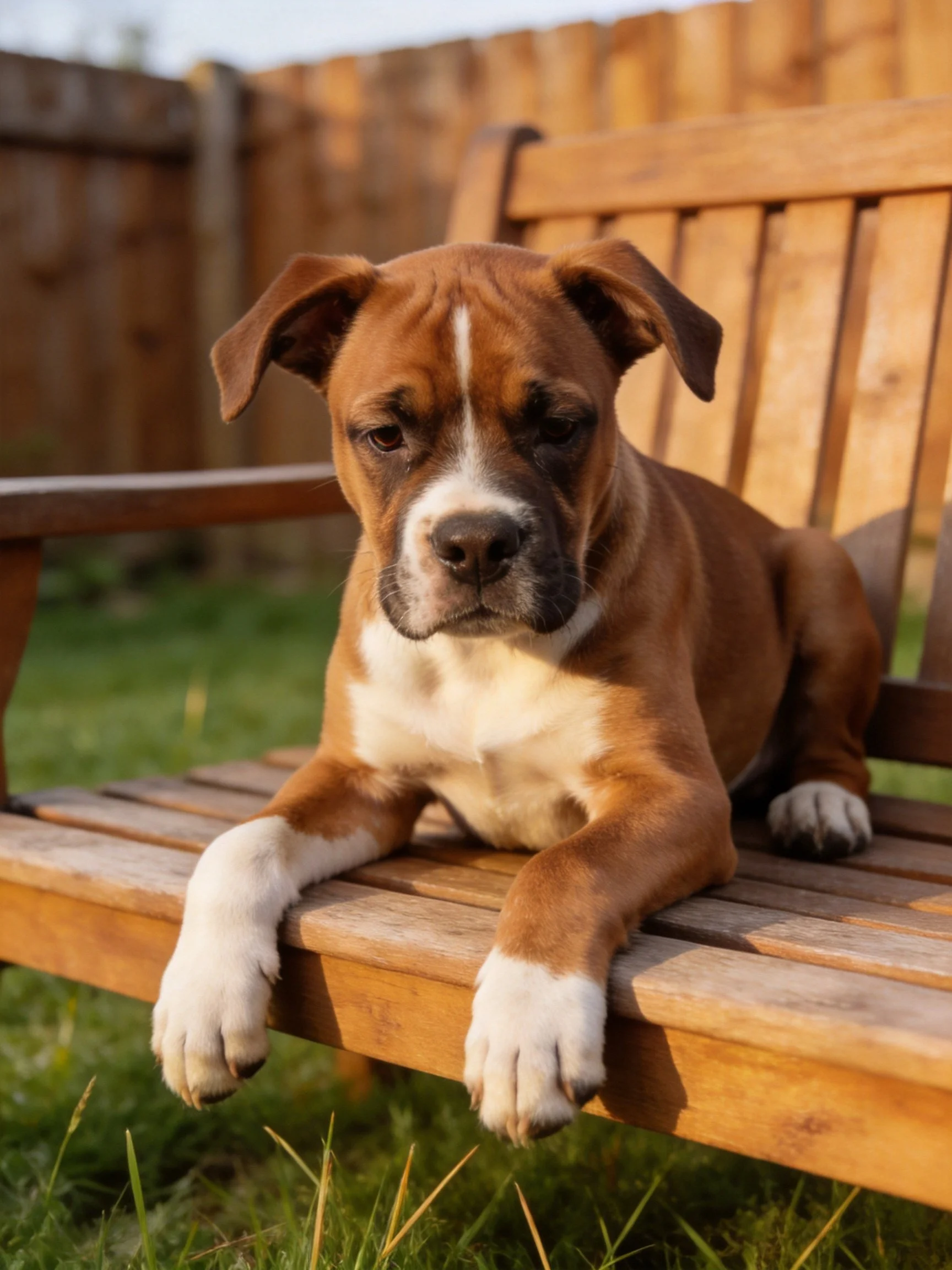 A brown and white puppy relaxes on a wooden bench in an outdoor setting.