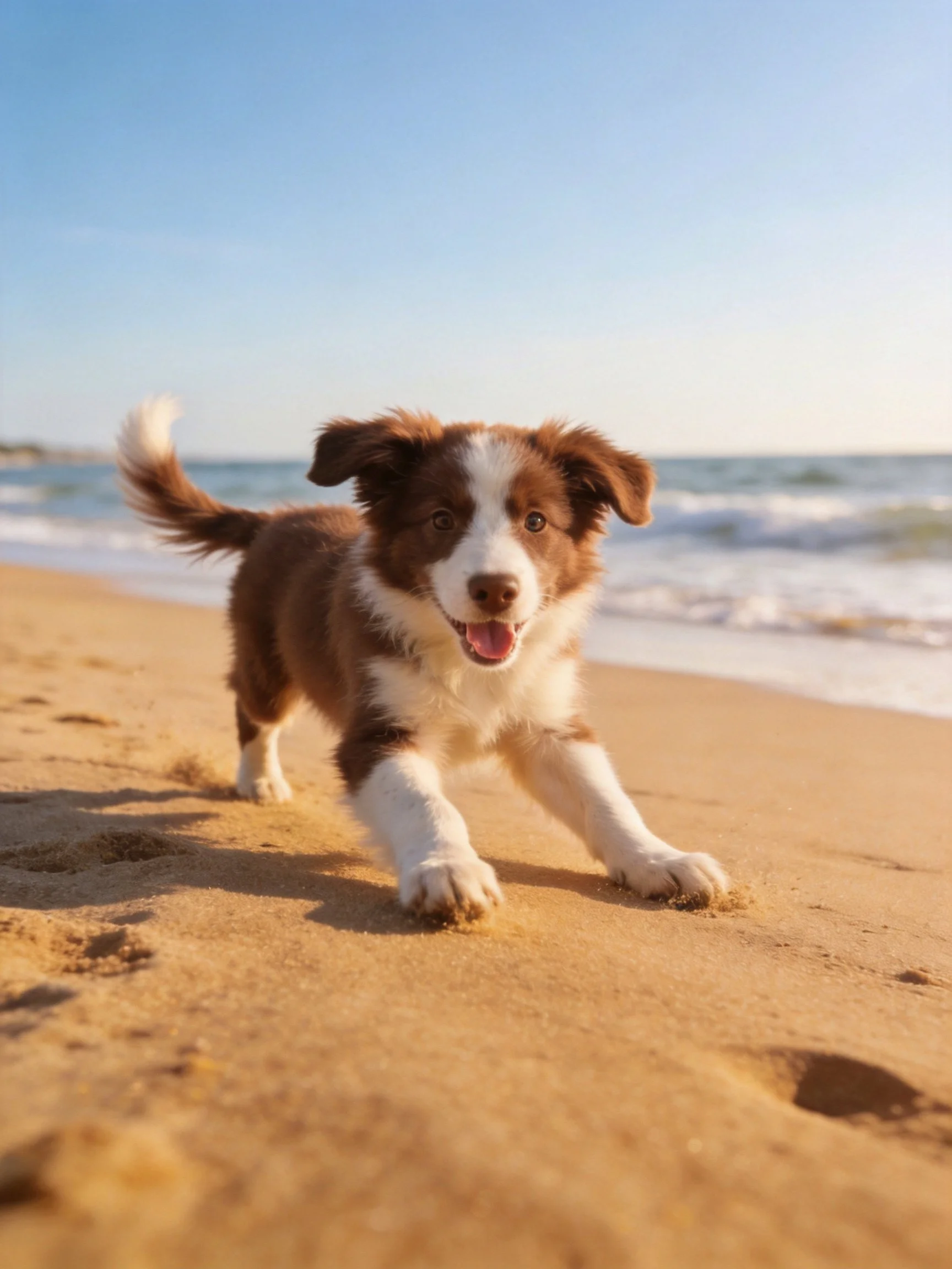 A brown and white puppy running on golden sand by the sea