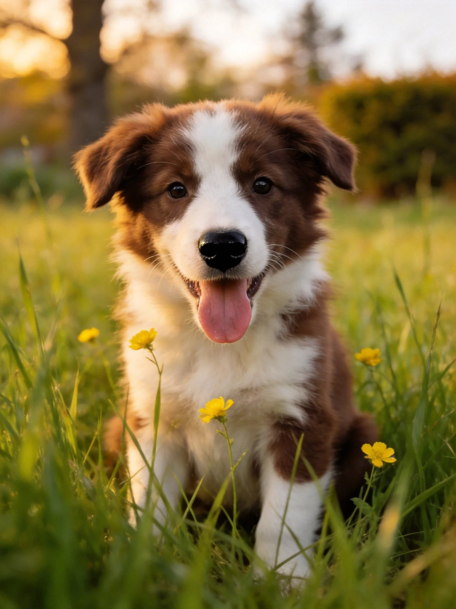 A brown and white puppy relaxes in a grassy field with yellow flowers under warm light