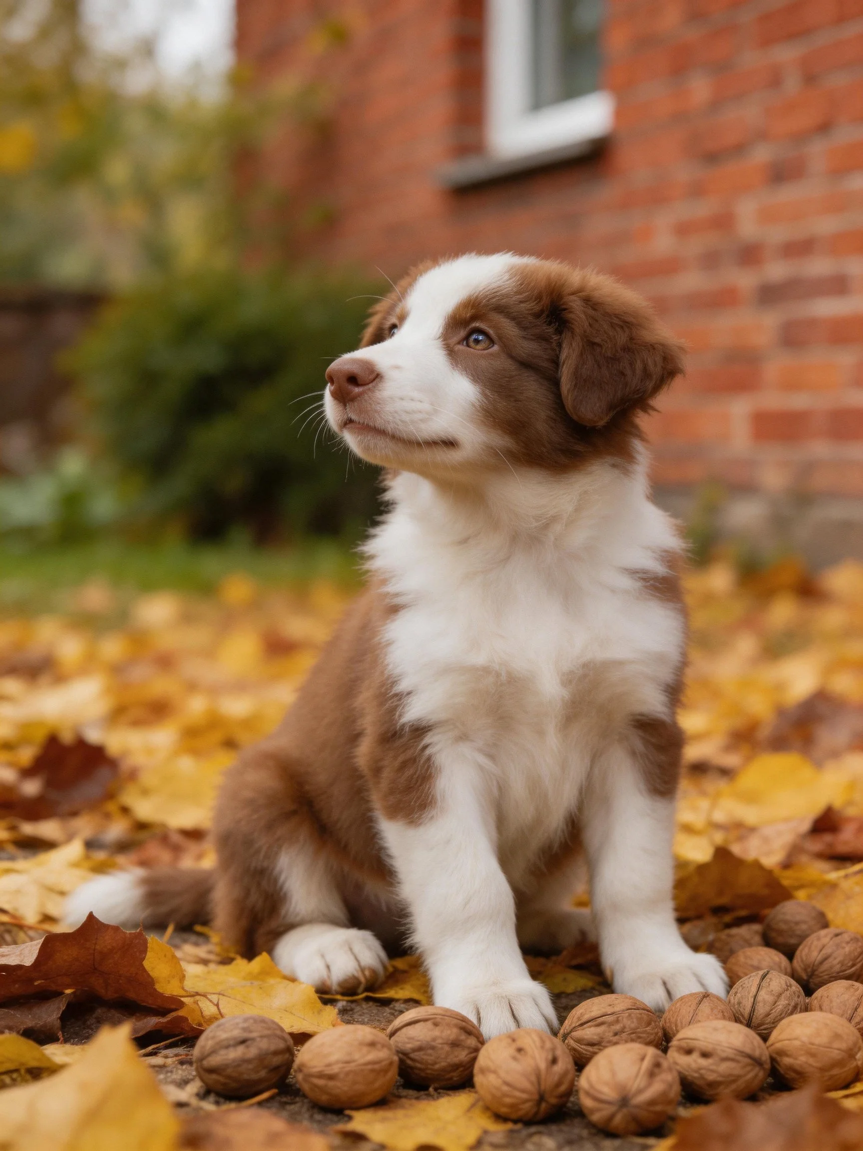 A brown and white puppy sits among autumn leaves and walnuts outside a brick house.