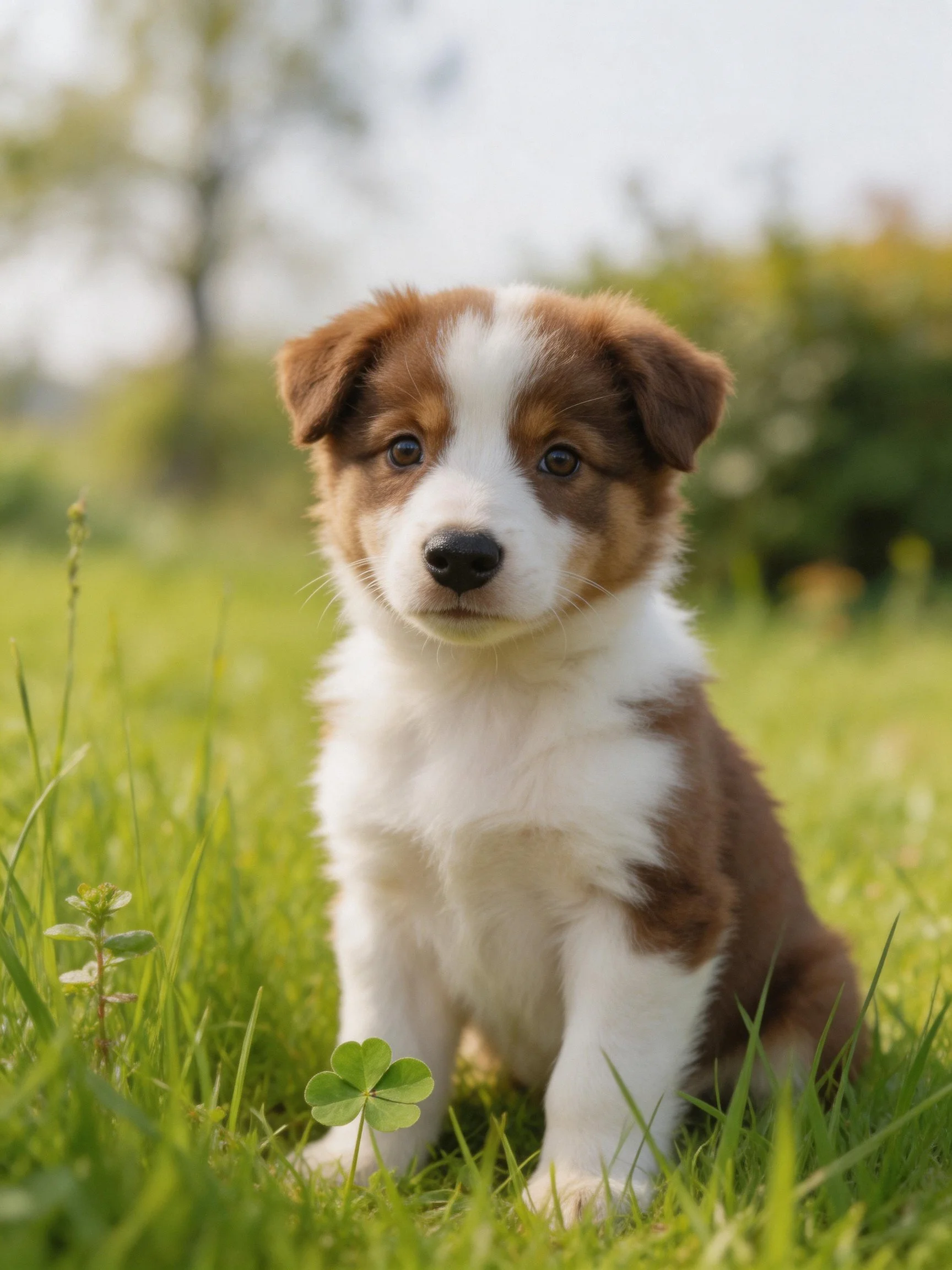 A brown and white puppy sits calmly in a grassy area with a clover nearby.