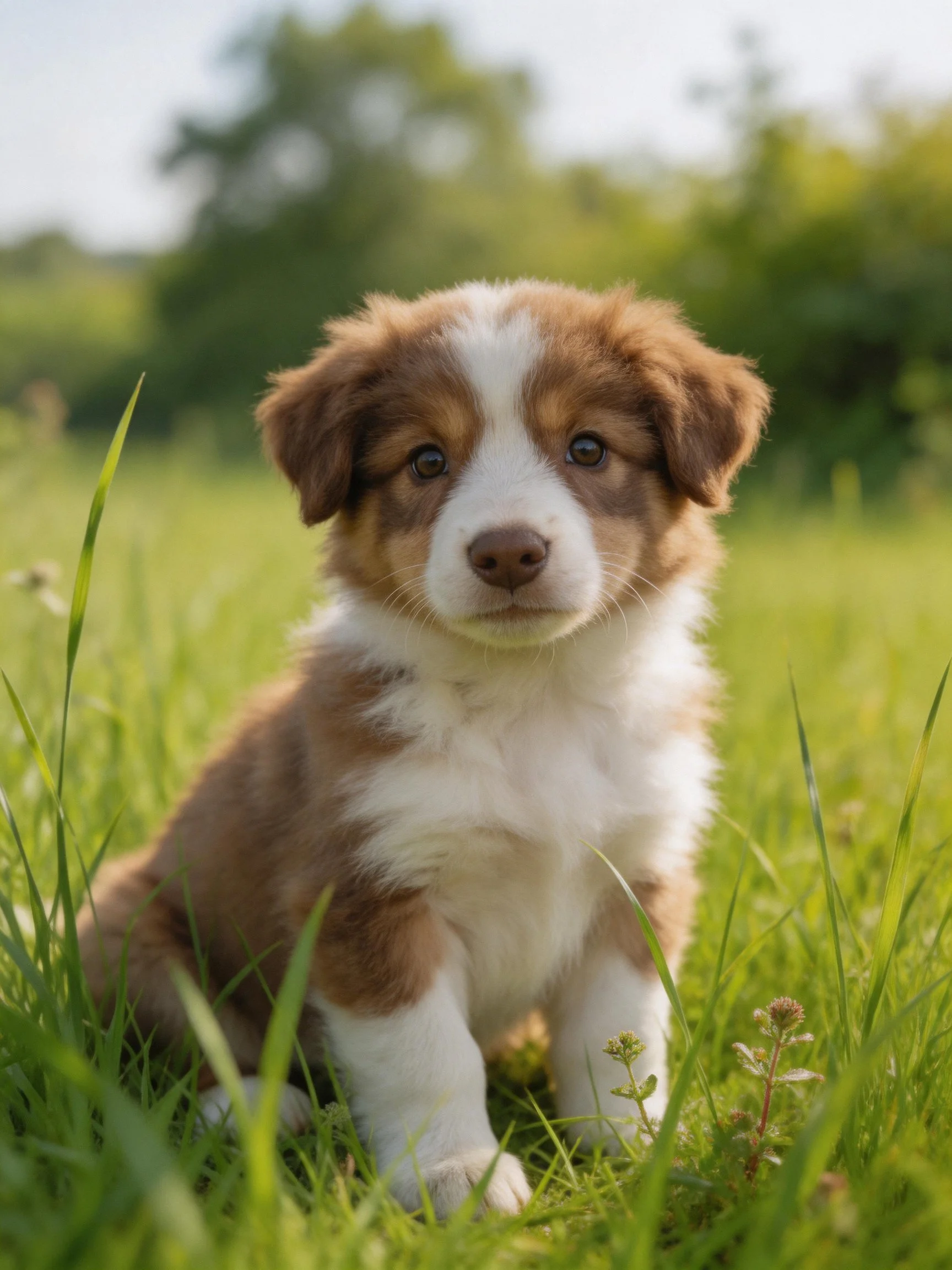 A brown and white puppy sits in tall green grass outdoors