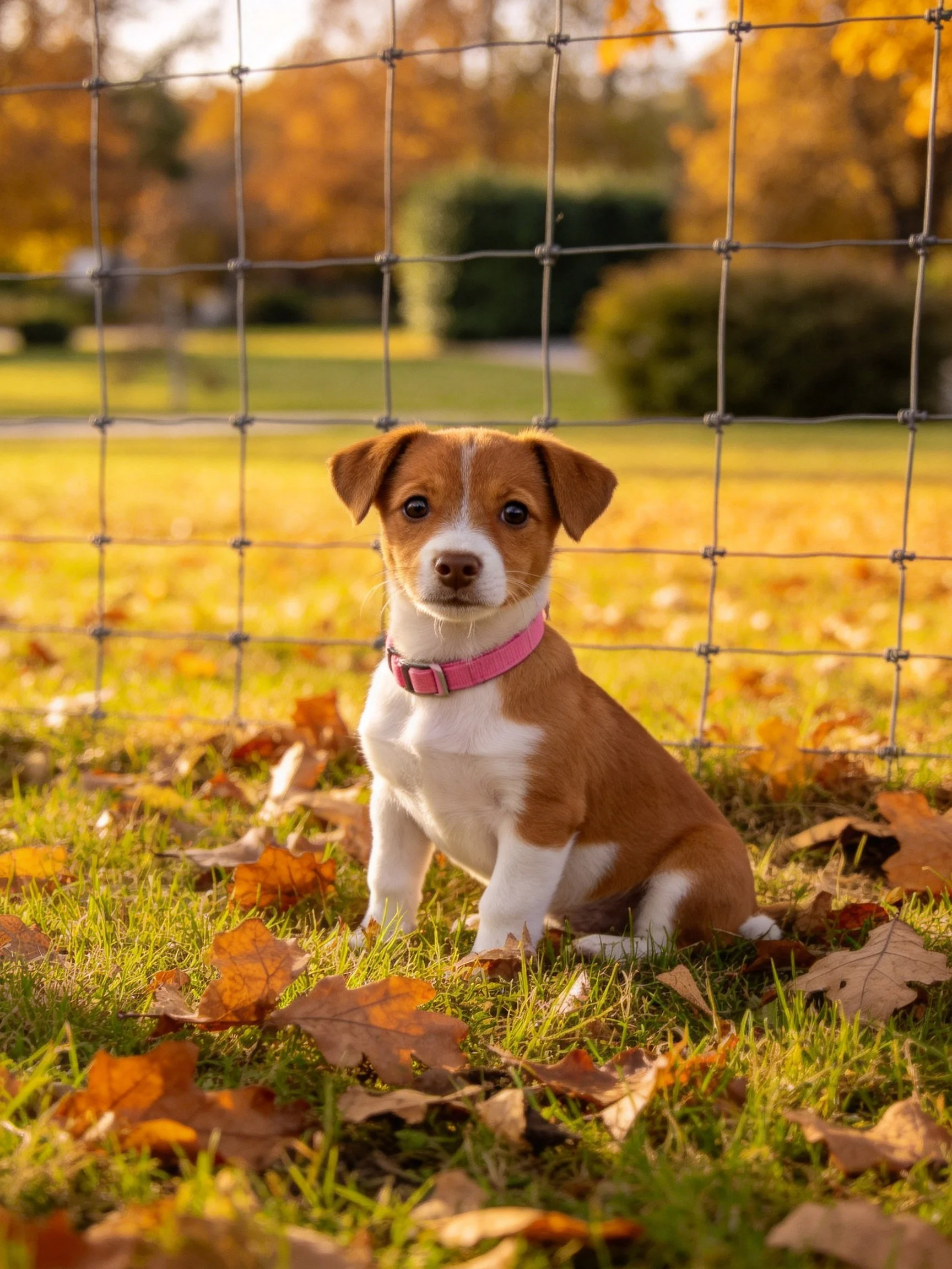 A small brown and white puppy rests near a wire fence in an autumn landscape.