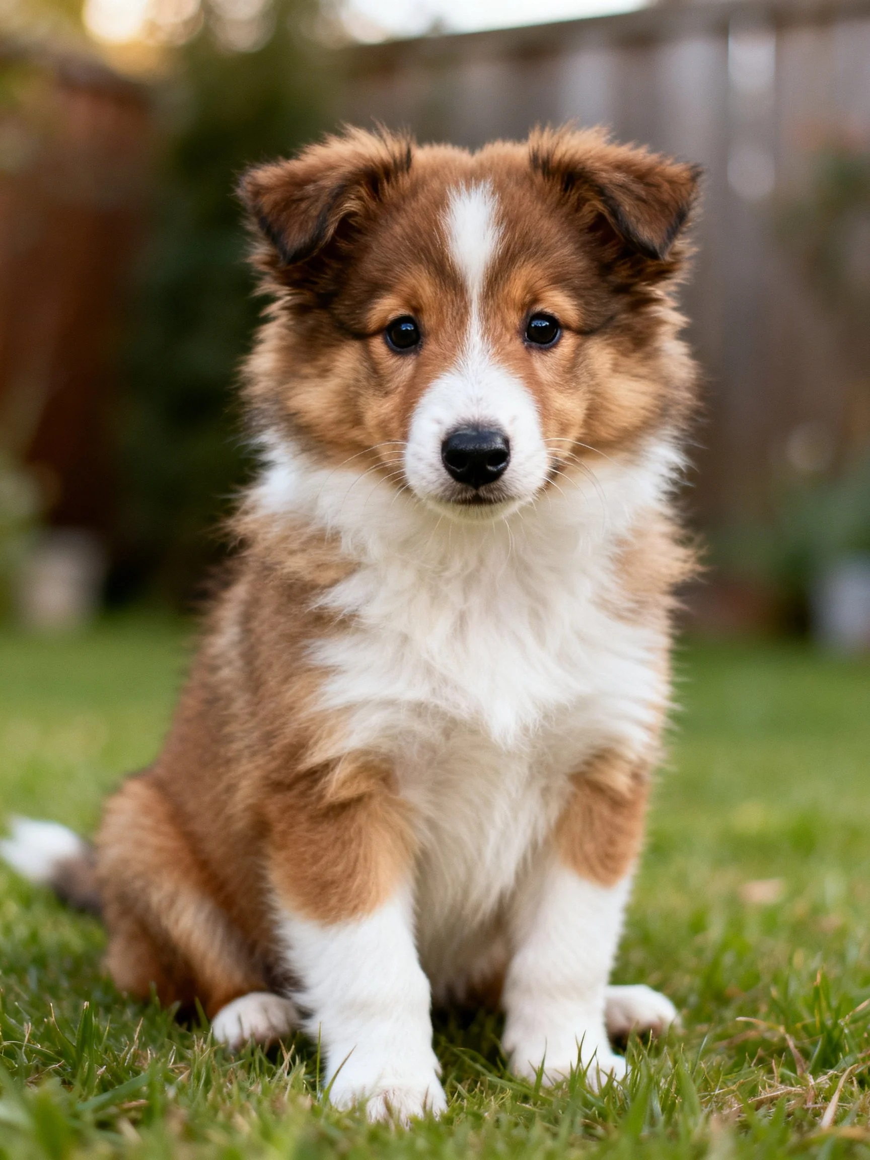 A brown and white puppy sits on grass in an outdoor setting