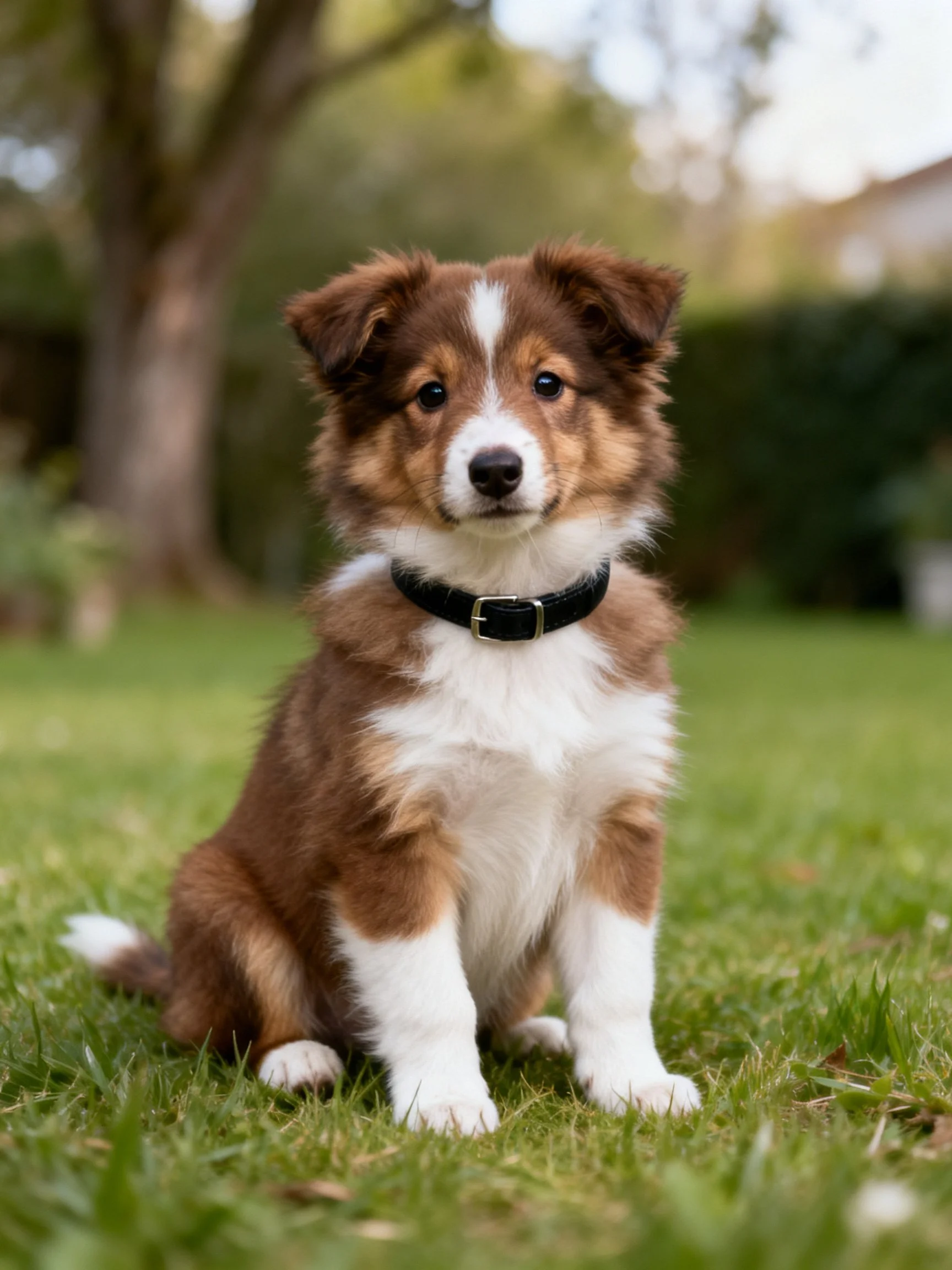 A brown and white puppy sits on grass in a garden.