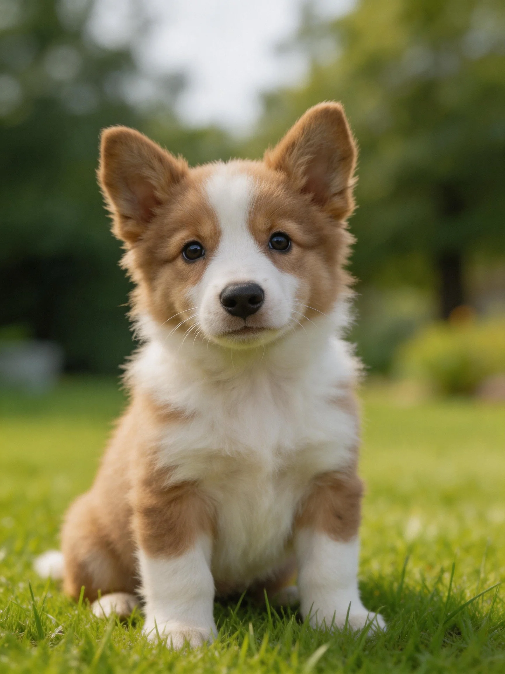 A brown and white puppy sits calmly on green grass outdoors.