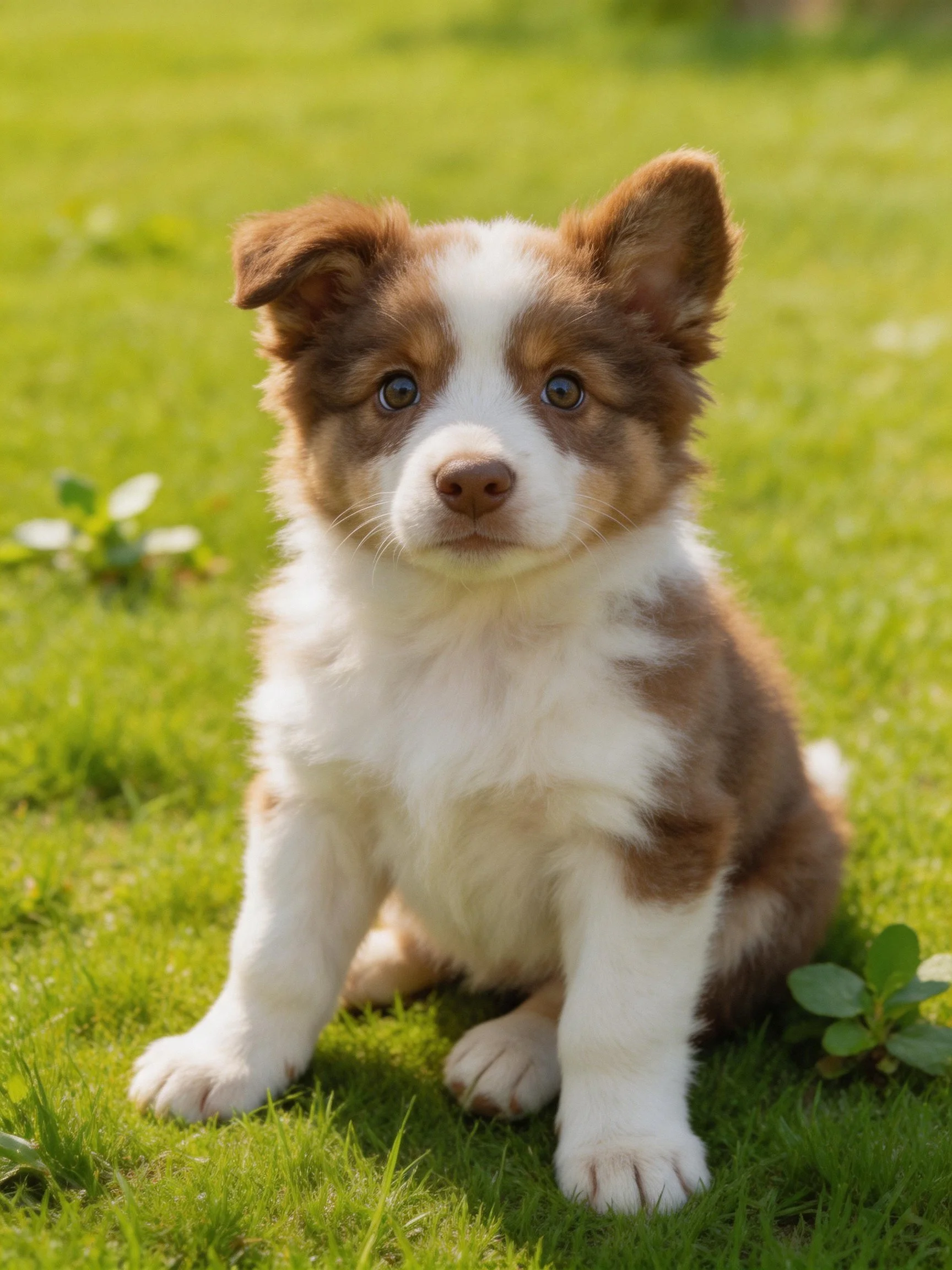 A brown and white puppy sits calmly on green grass.