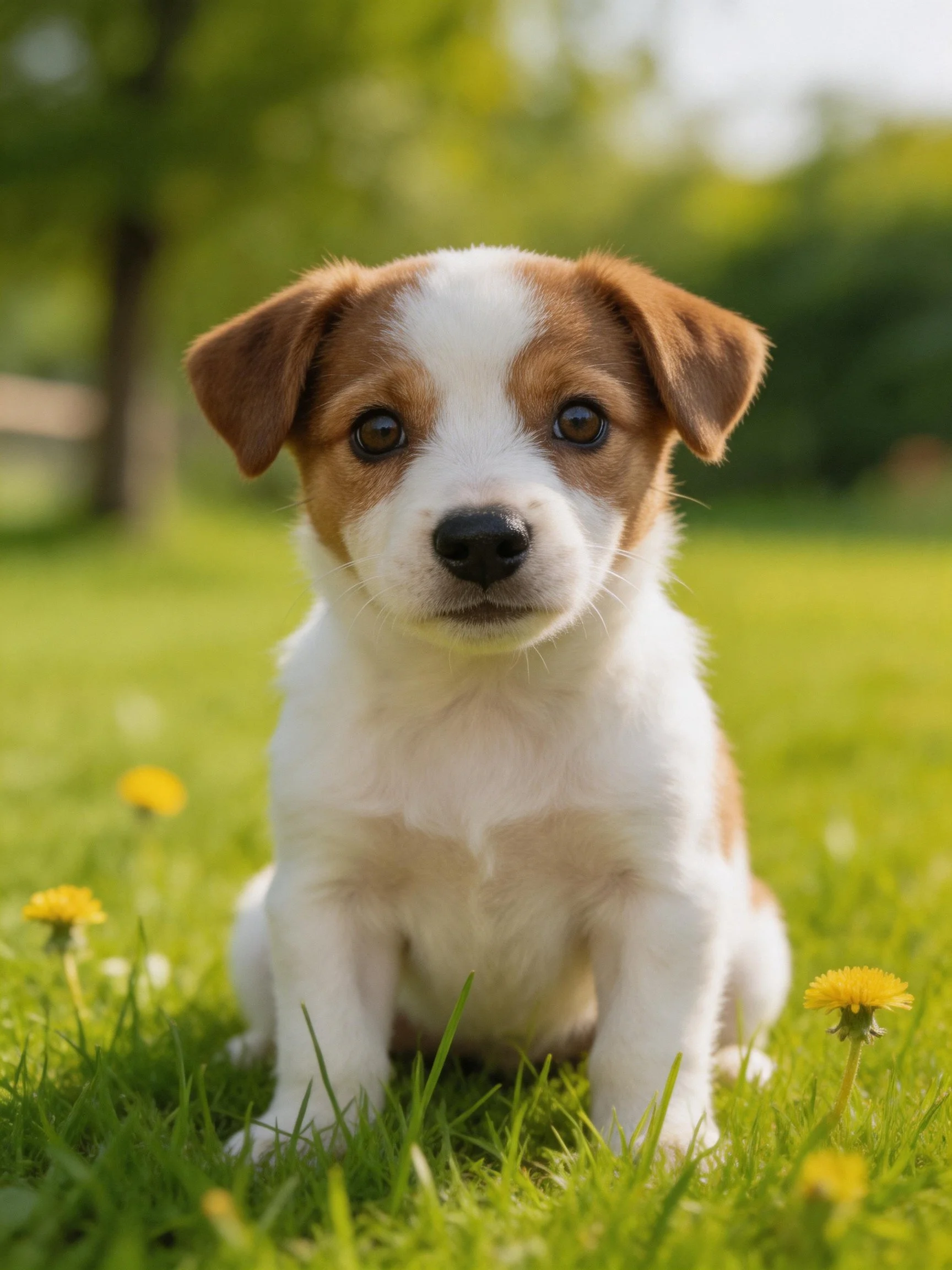 A small brown and white puppy sits calmly on green grass near yellow flowers.