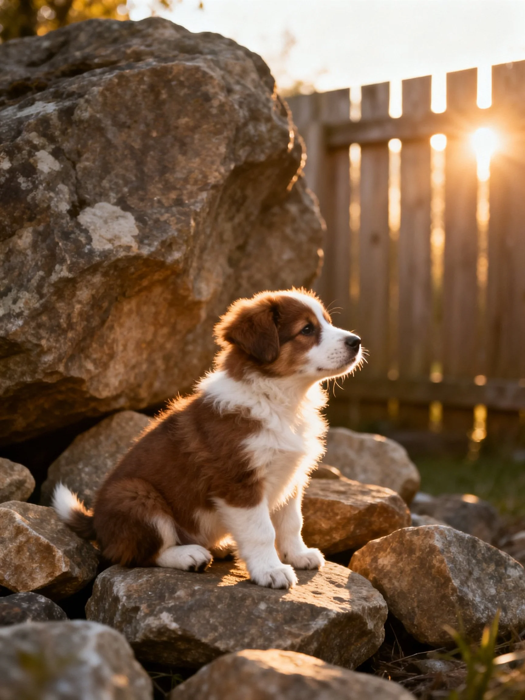 A brown and white puppy sits on rocks near a large boulder with a wooden fence in a sunlit outdoor setting.