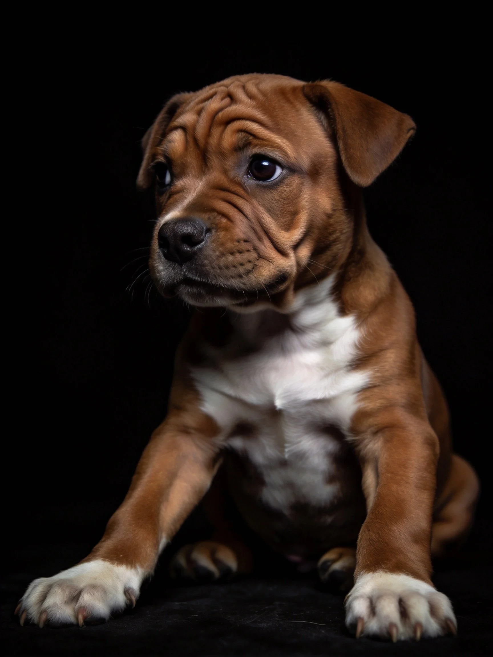 A brown and white puppy sits attentively on a black backdrop.