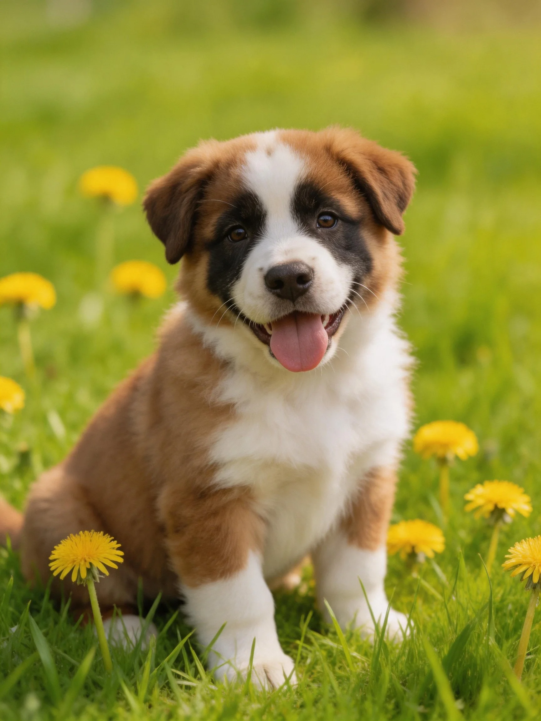 A brown and white puppy sits happily amid yellow dandelions in a grassy field.