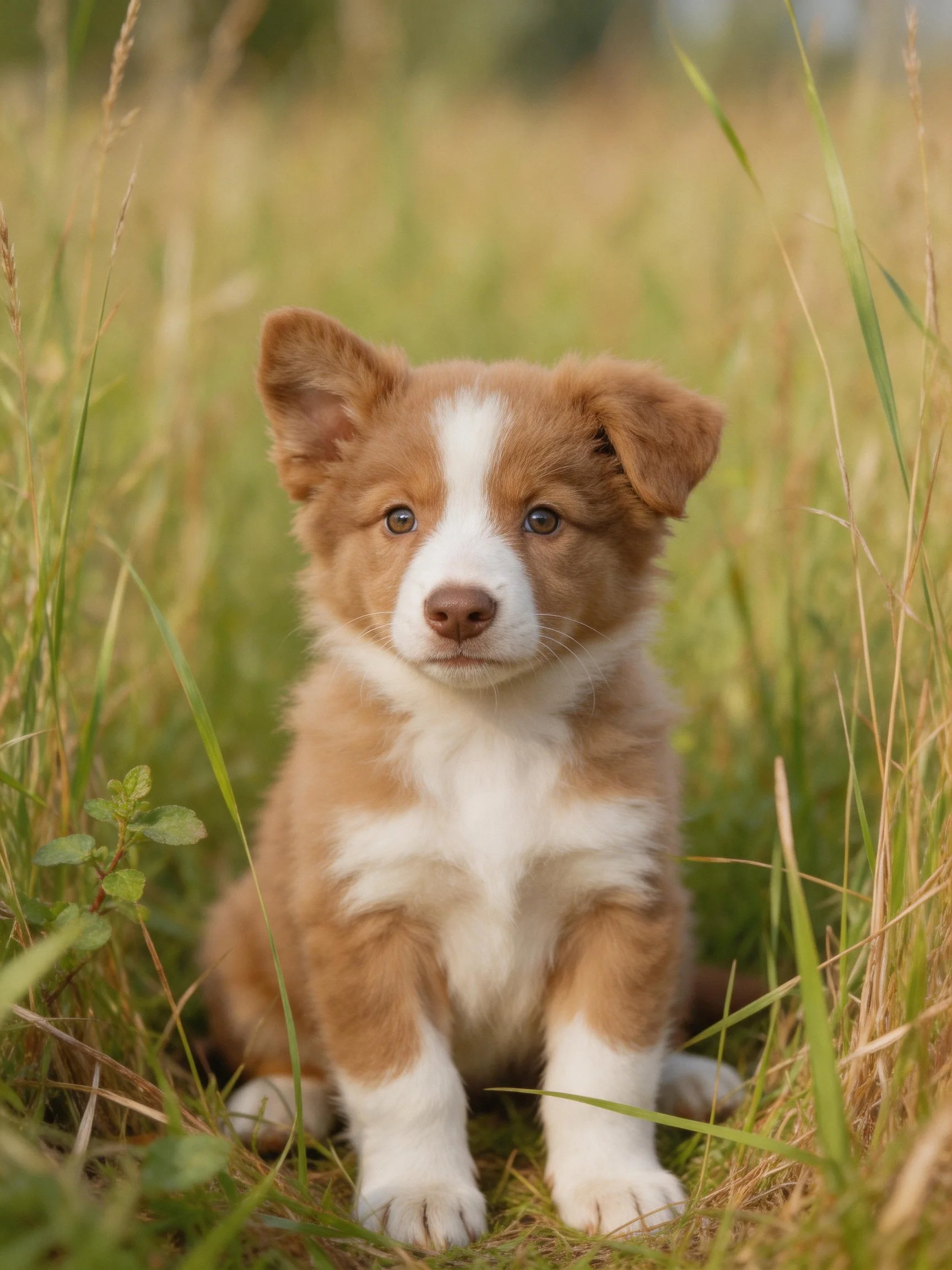 A brown and white puppy sits calmly amid tall grasses.
