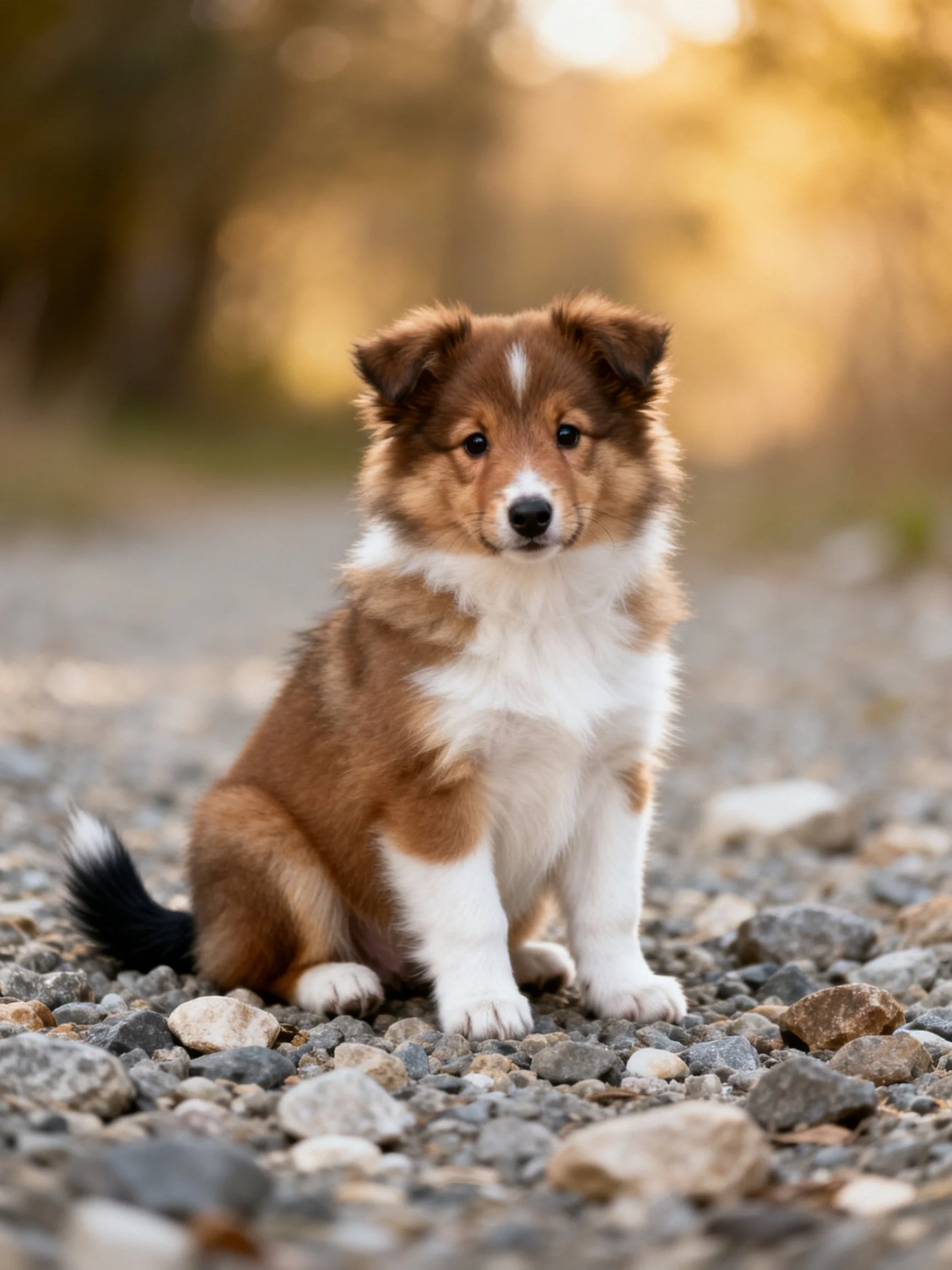 A brown and white puppy sitscalmly on gravel in an outdoor setting.