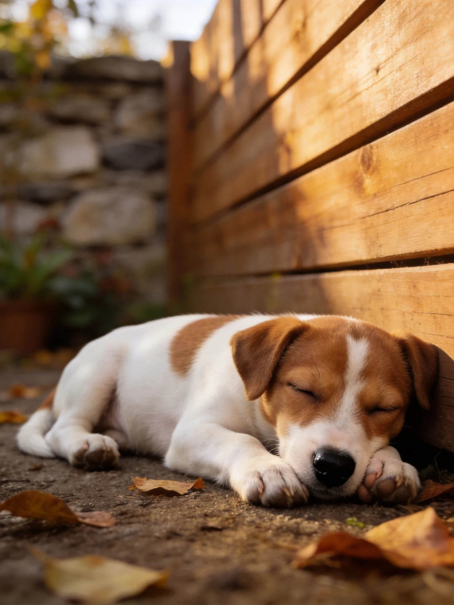 A brown and white puppy sleeps near a wooden fence with fallen leaves