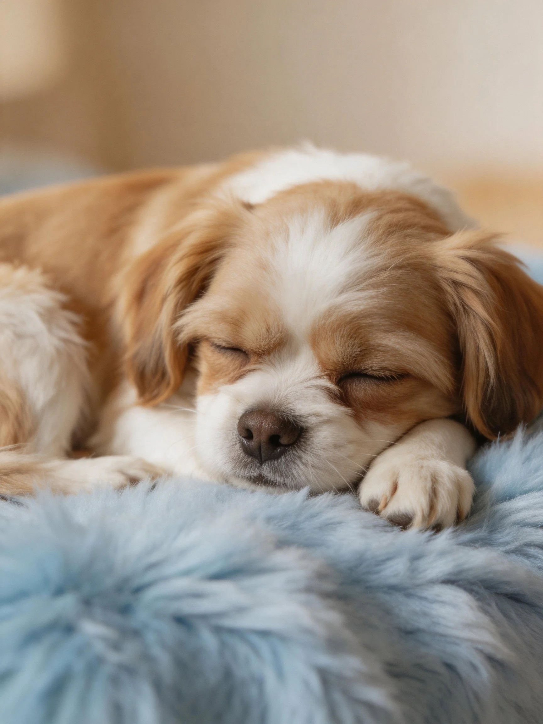 A small dog with brown and white fur sleeps on a soft blue cushion.