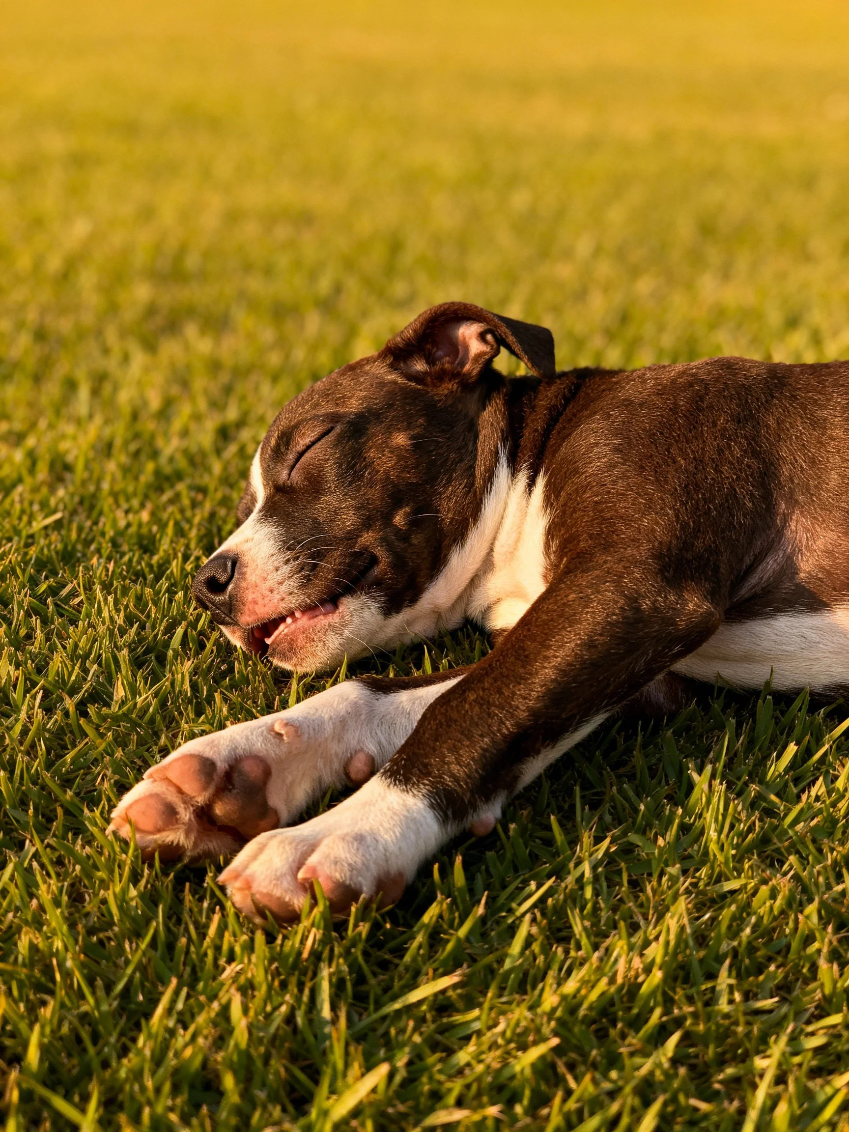 A brown and white puppy rests peacefully on green grass.