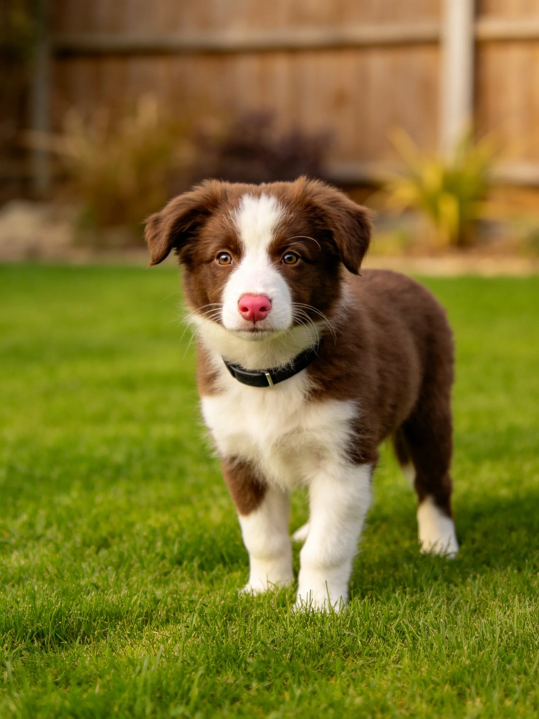 A brown and white puppy stands on green grass in a backyard.
