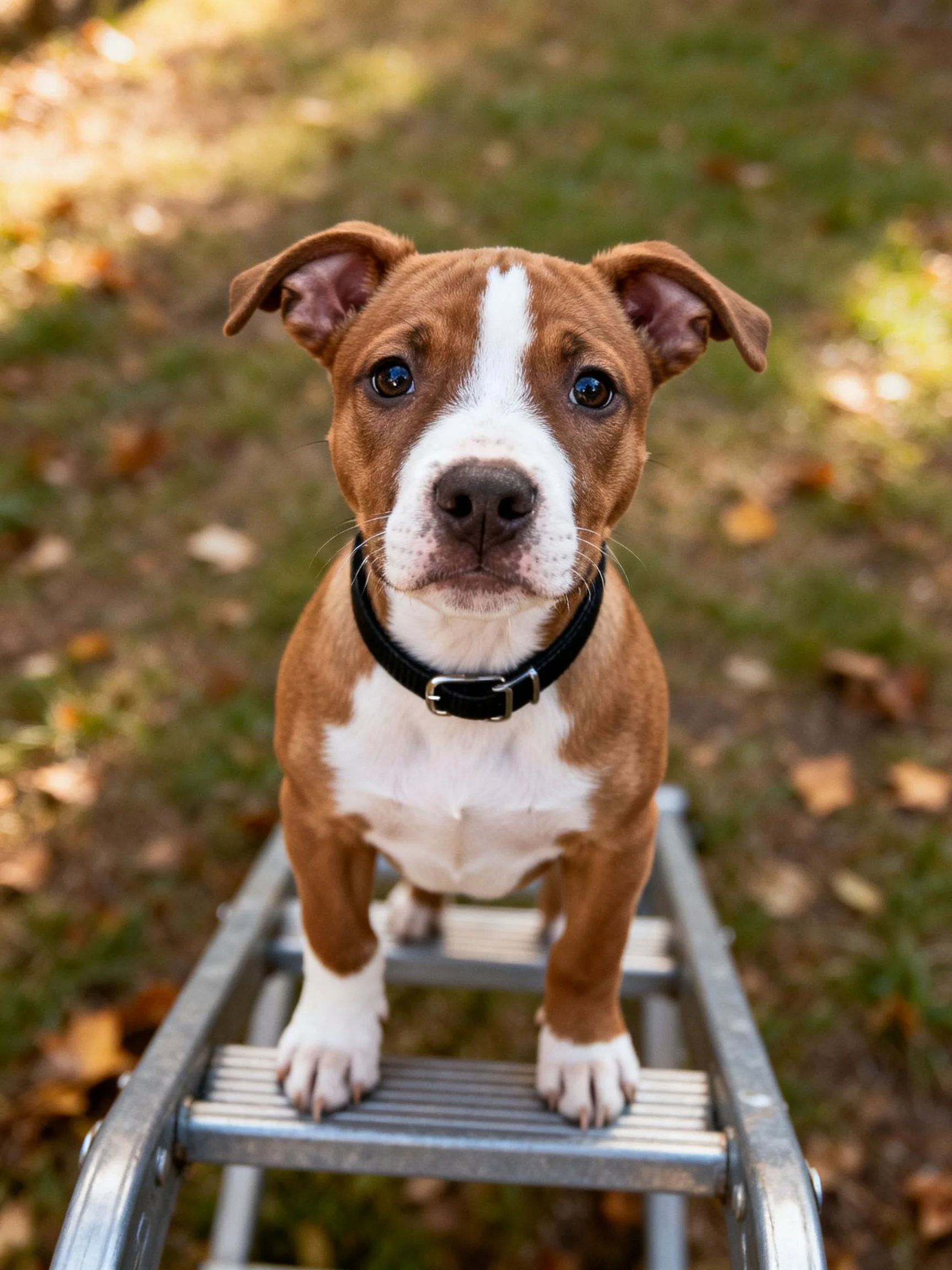 A brown and white puppy stands on a metal ladder in a leafy outdoor environment.