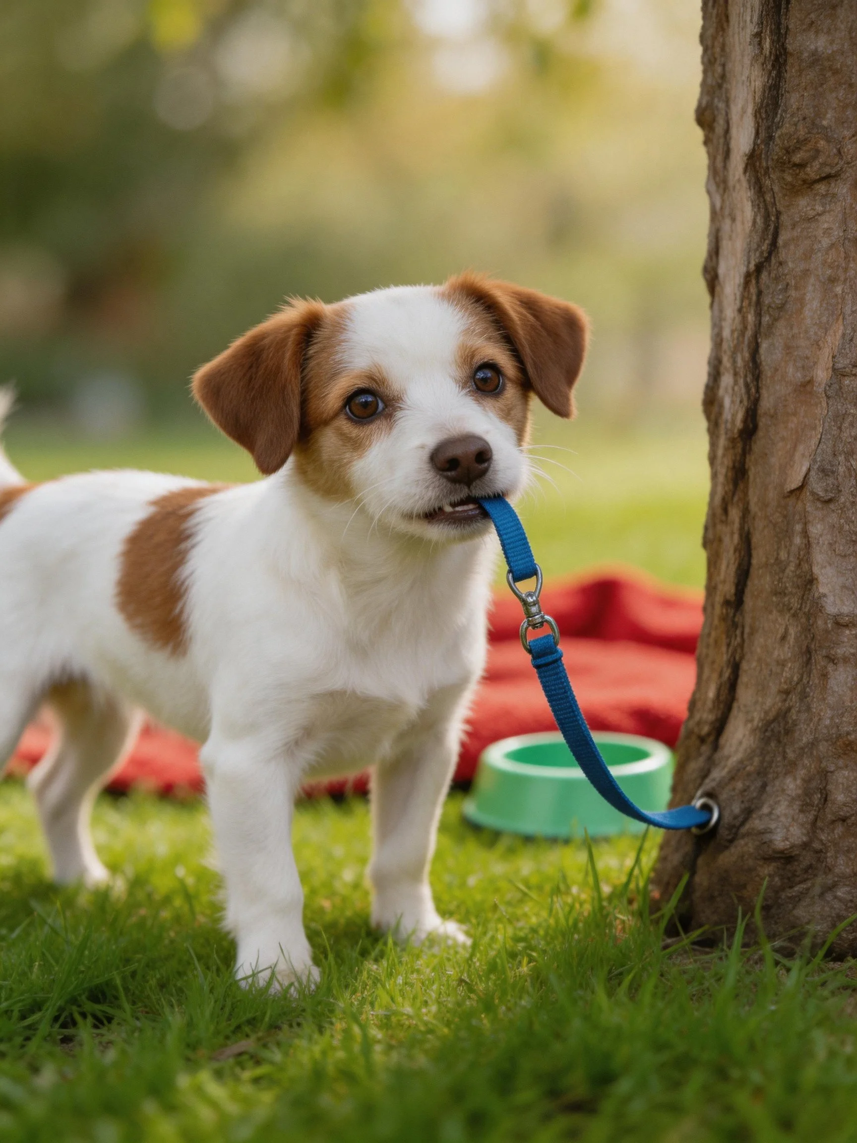 A small brown-and-white puppy pulls a blue leash near a tree in a grassy setting.