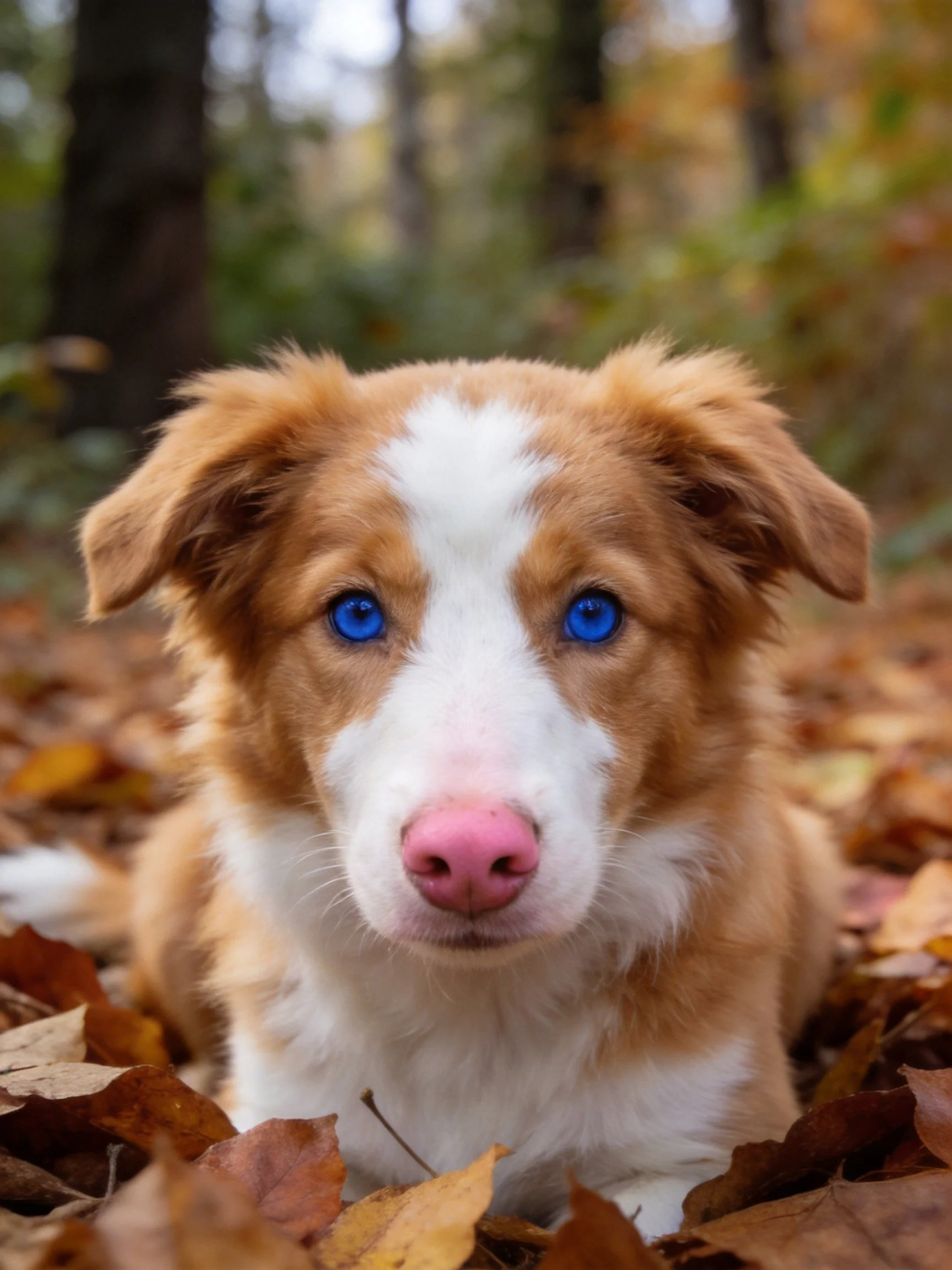 A puppy with blue eyes rests among fallen autumn leaves.