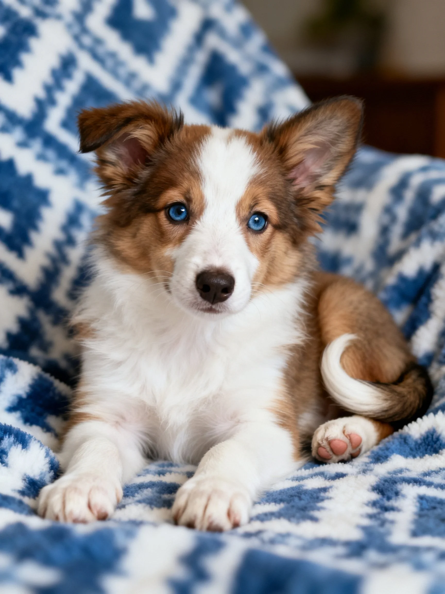 A brown and white puppy with blue eyes sits on a blue-patterned blanket