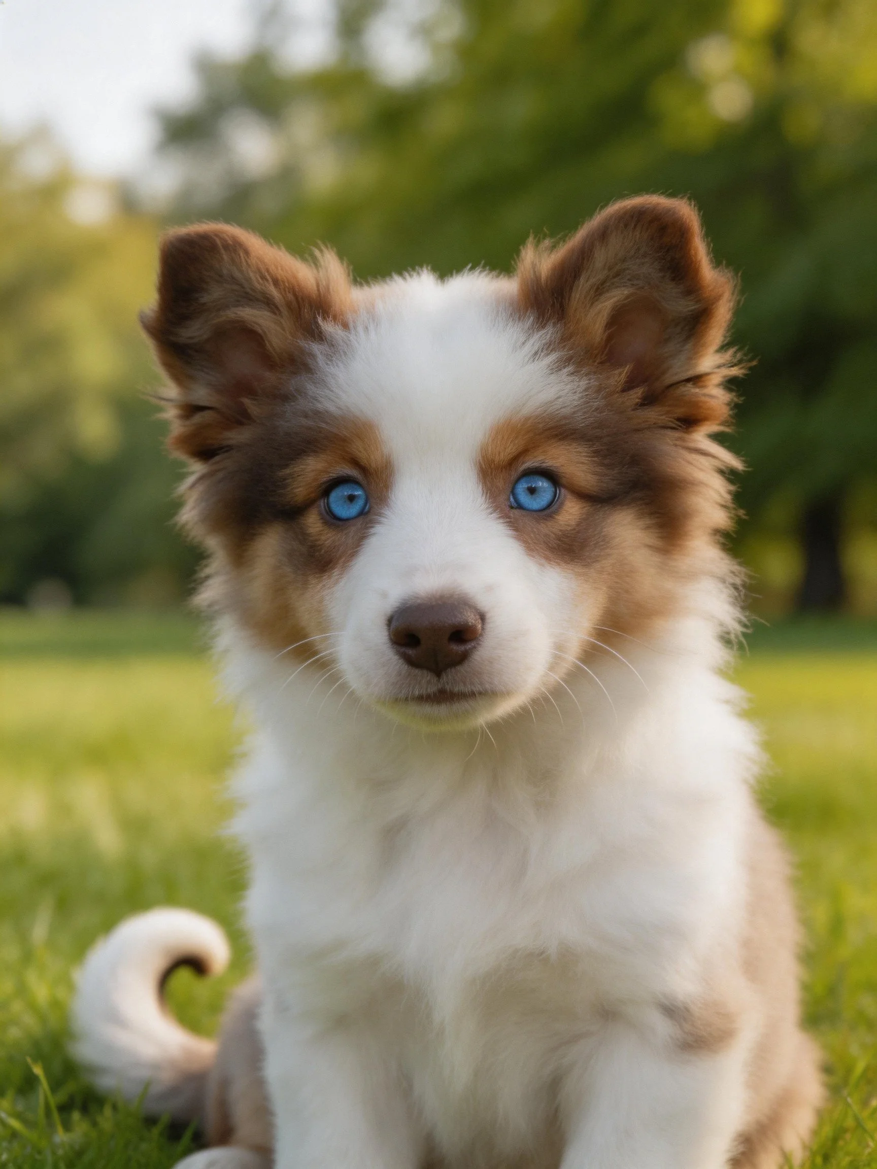 A brown and white puppy with blue eyes sits on green grass