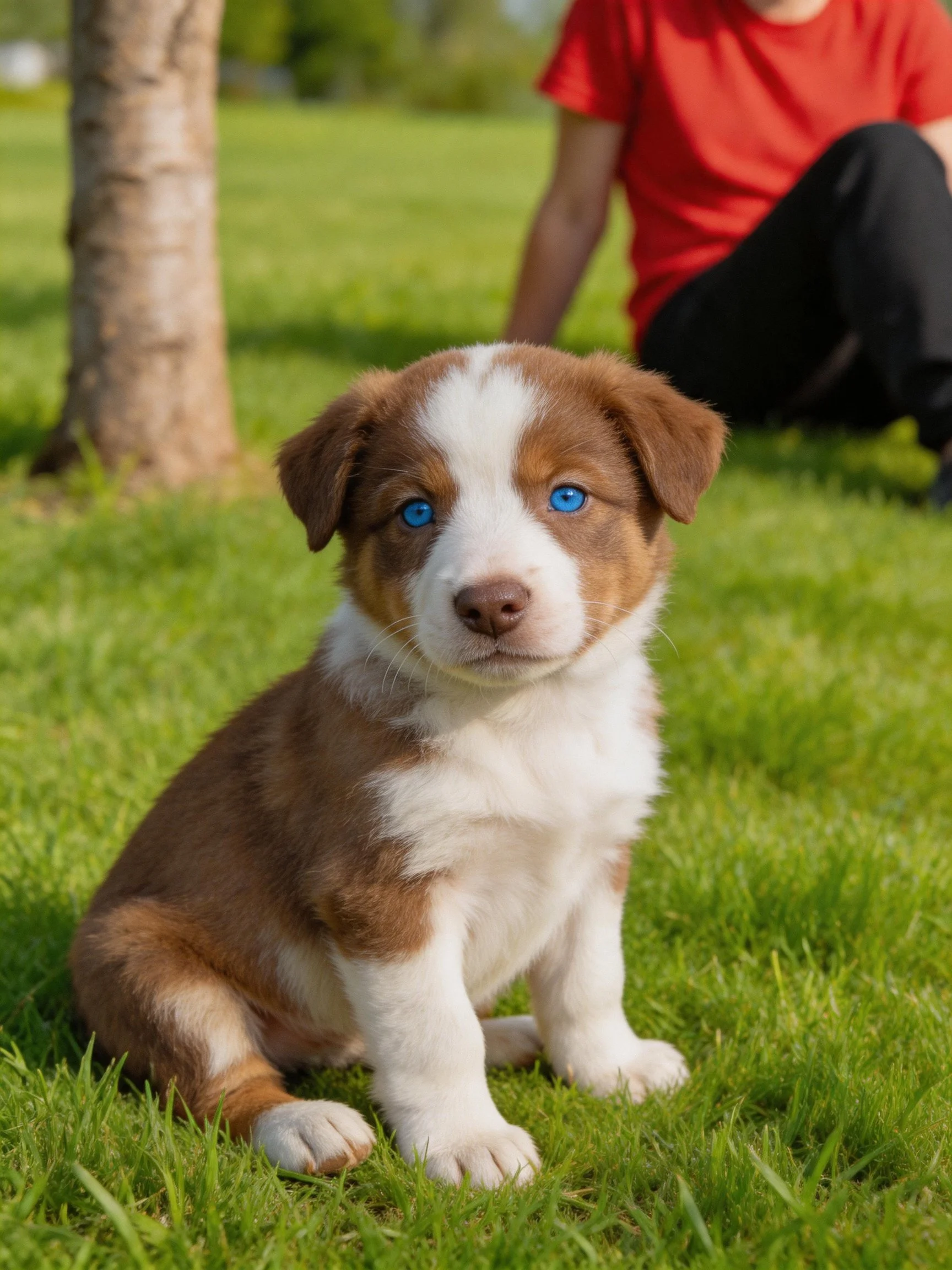 A brown and white puppy with blue eyes sits on green grass near a person