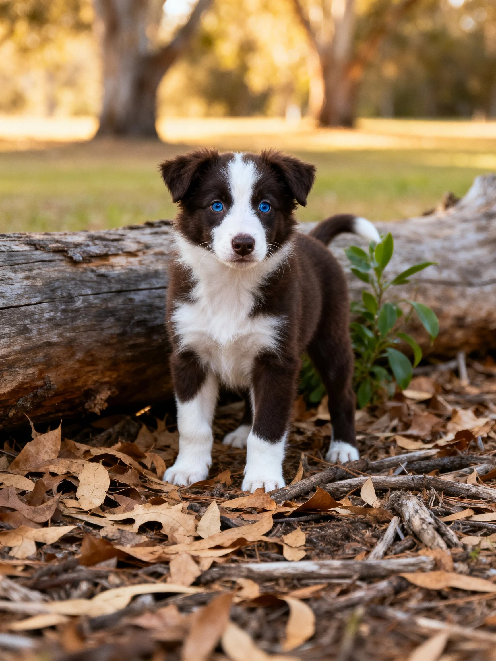 A brown and white puppy with blue eyes stands by a fallen log among dry leaves