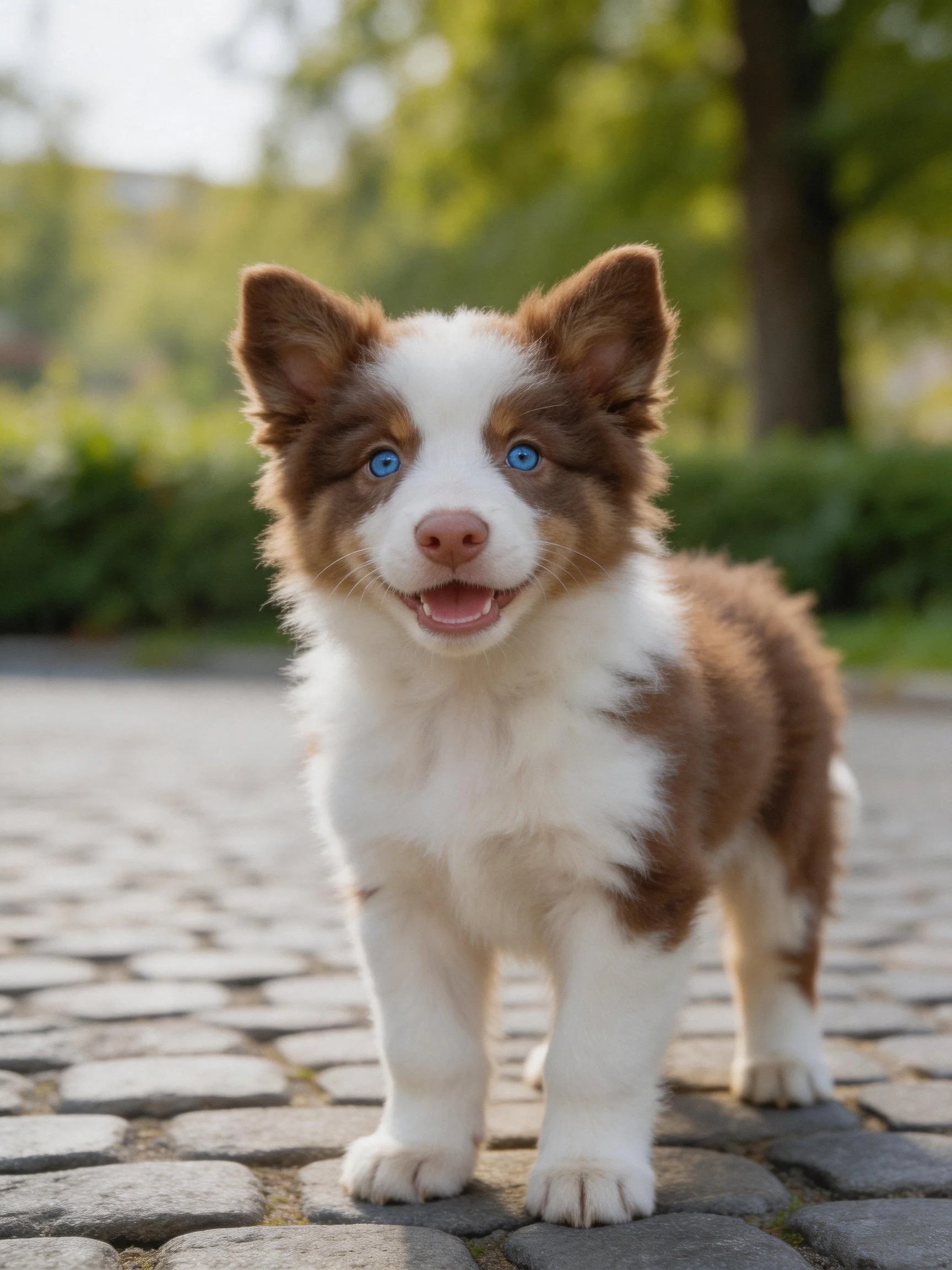 A brown and white puppy with blue eyes stands on cobblestones