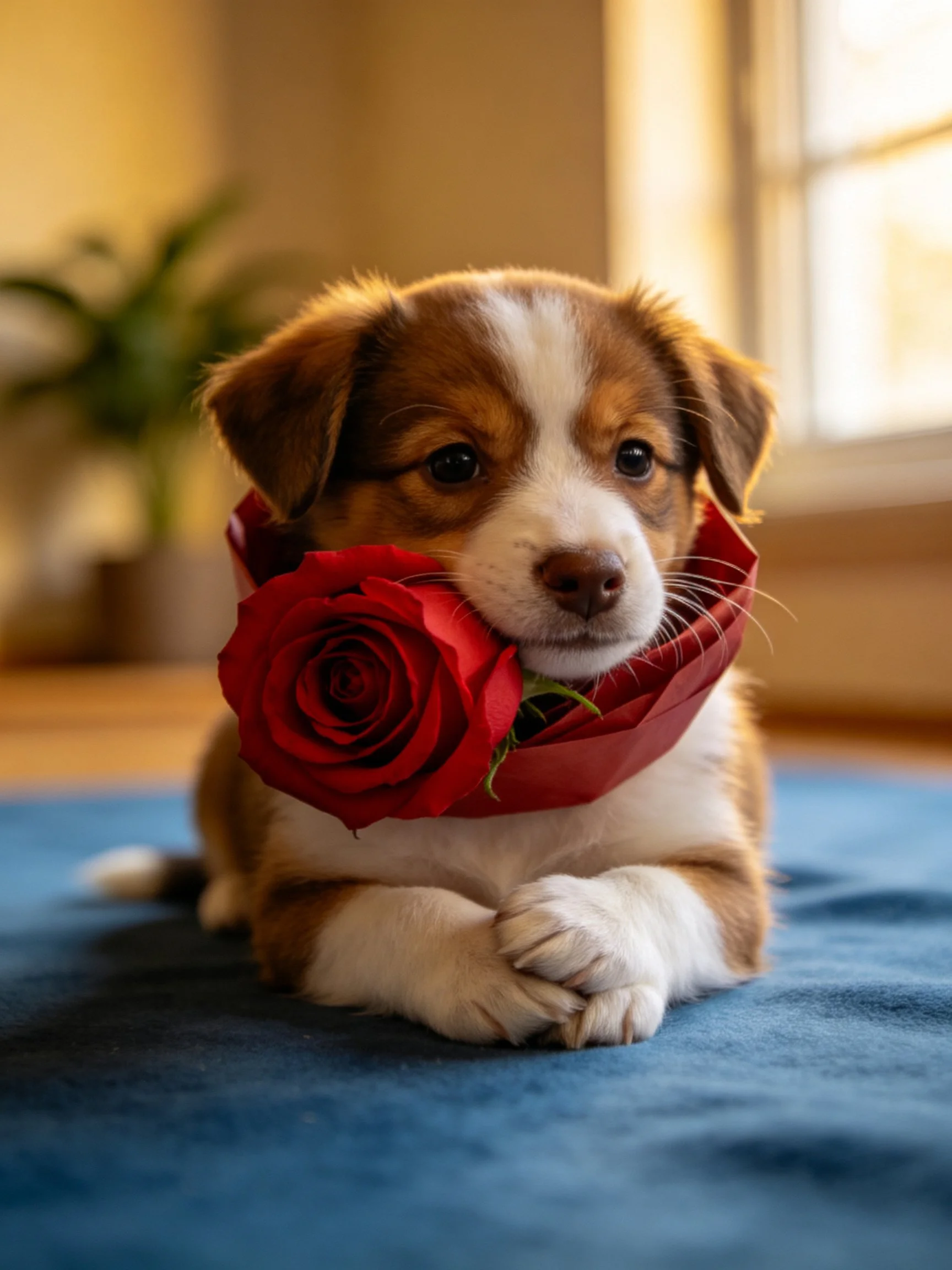 A brown and white puppy holds a red rose on a blue mat